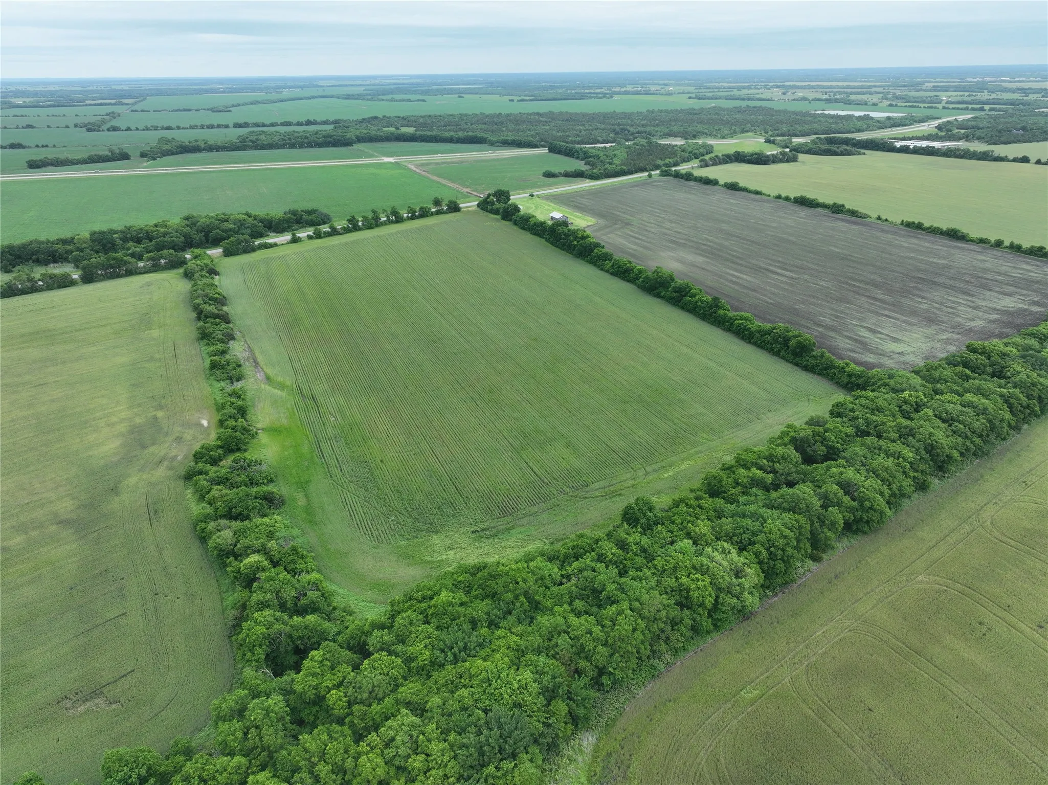 Expansive agricultural land featuring cultivated fields and natural tree lines