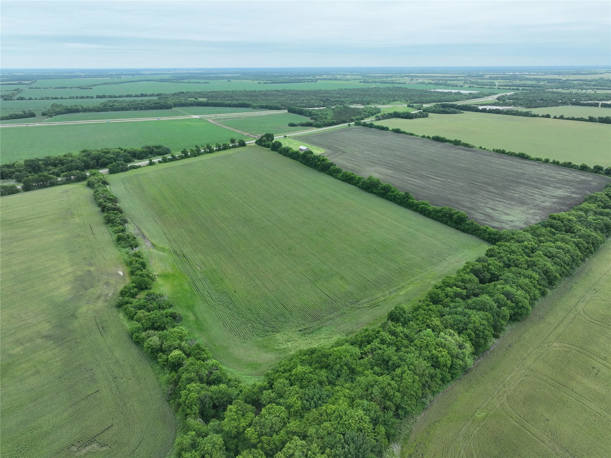 Expansive agricultural land featuring multiple cultivated fields and natural tree lines