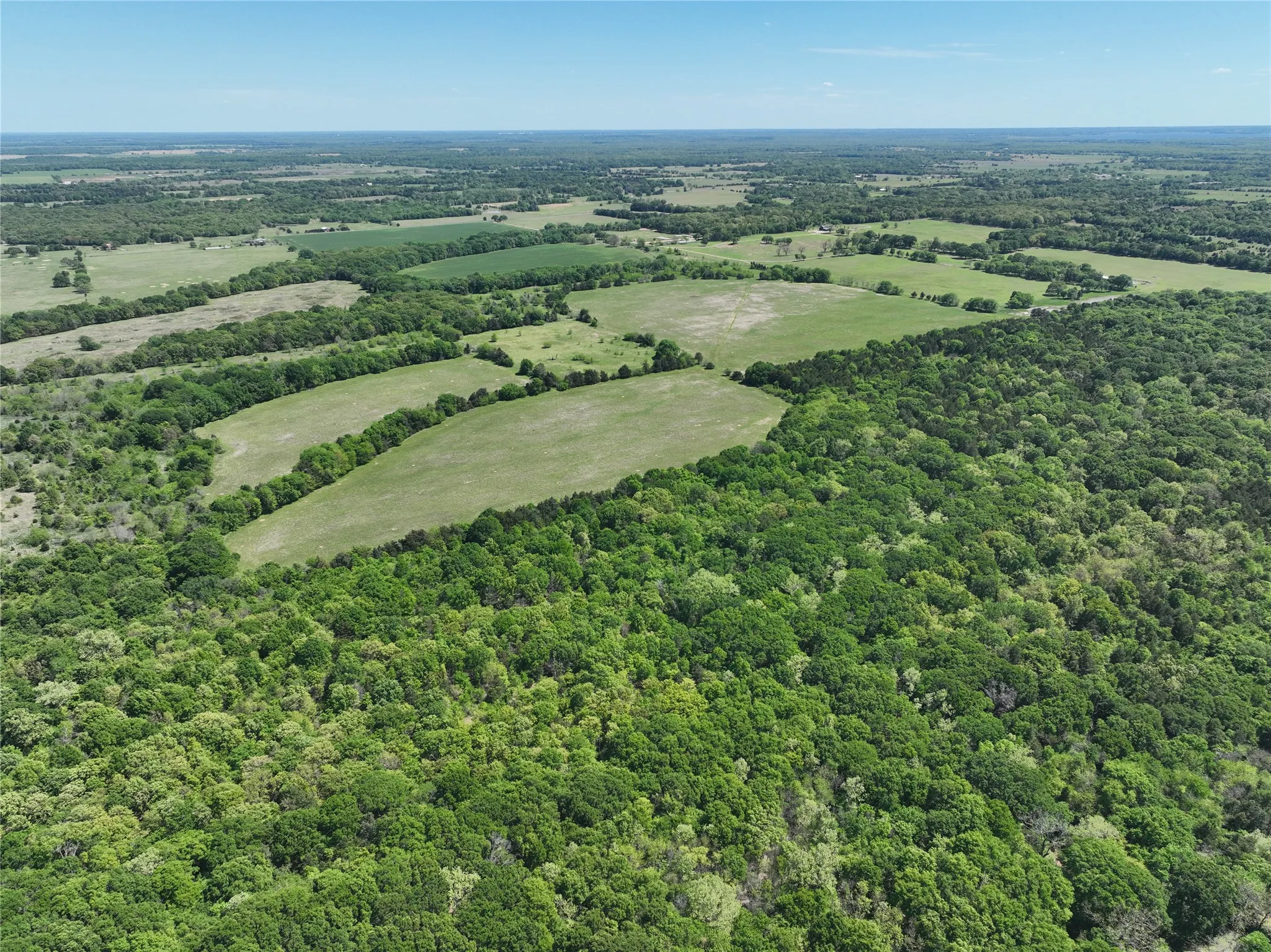 Expansive aerial landscape featuring a mix of mature woodlands and open pastures under a clear sky