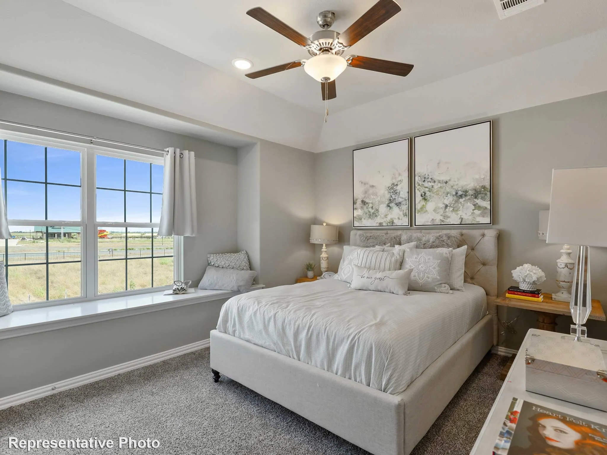 Tray ceiling with recessed lighting and a ceiling fan