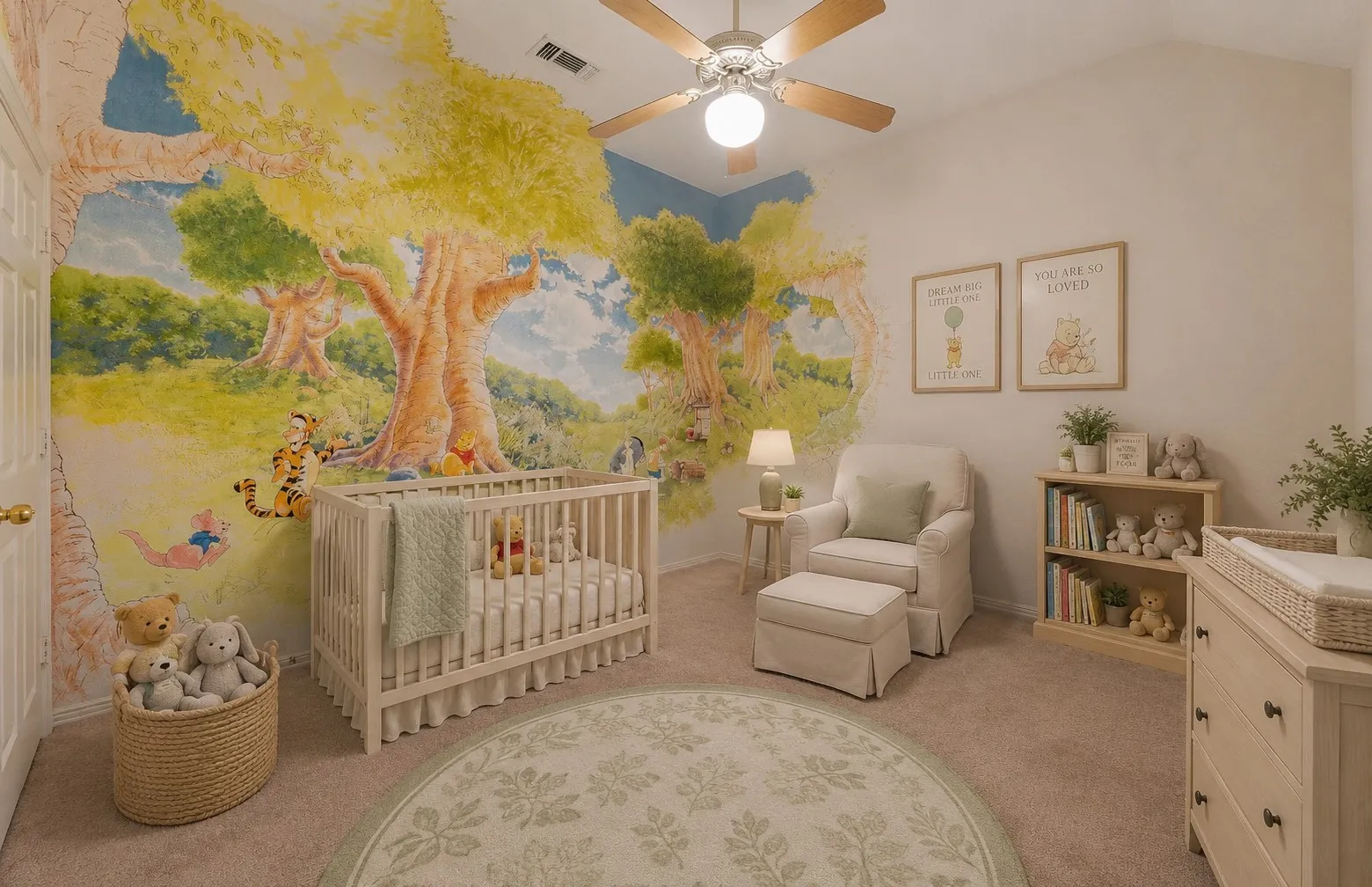 Vaulted ceiling room featuring a ceiling fan with light fixture, carpet flooring, a mural wall, and a built-in shelving unit