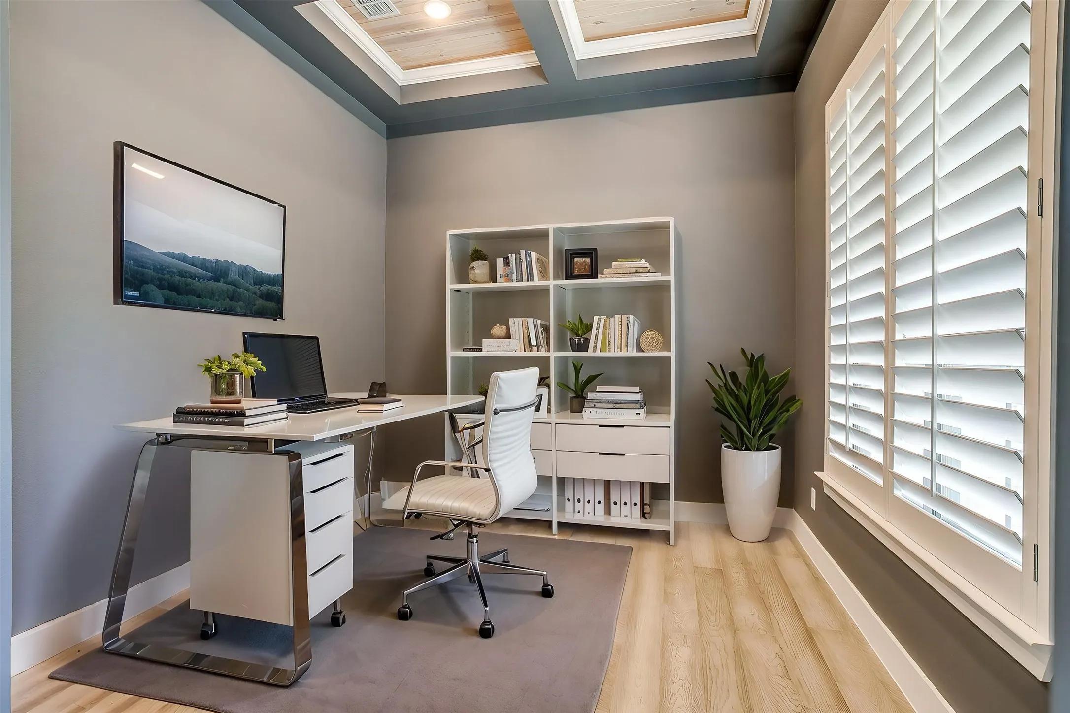 Virtually Staged Office with plantation shutters & detailed ceiling.