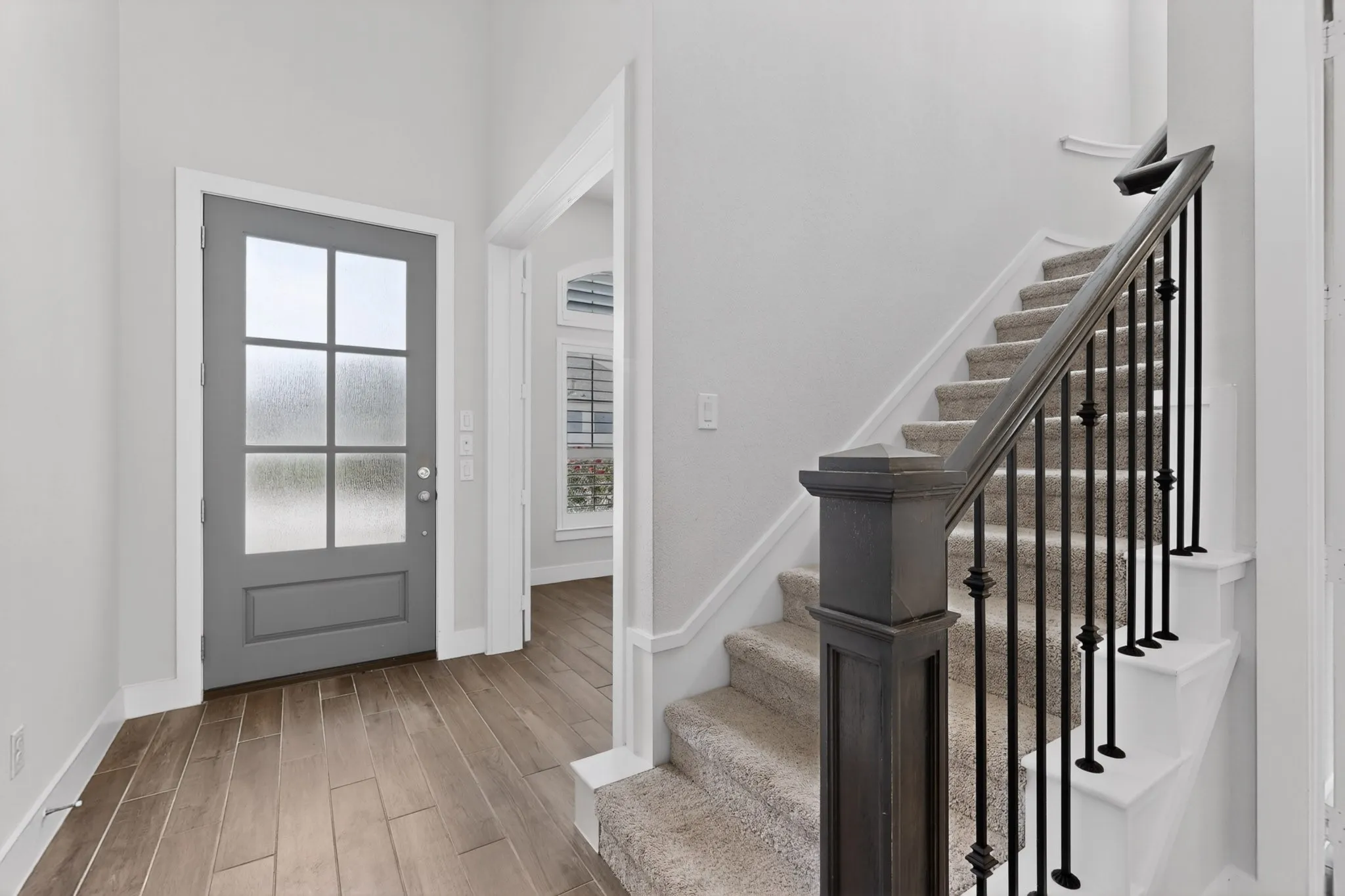 Entry foyer with wood-finish flooring, a contemporary gray entry door with frosted glass panels, and a carpeted staircase featuring a dark wood newel post and balustrade with black iron spindles