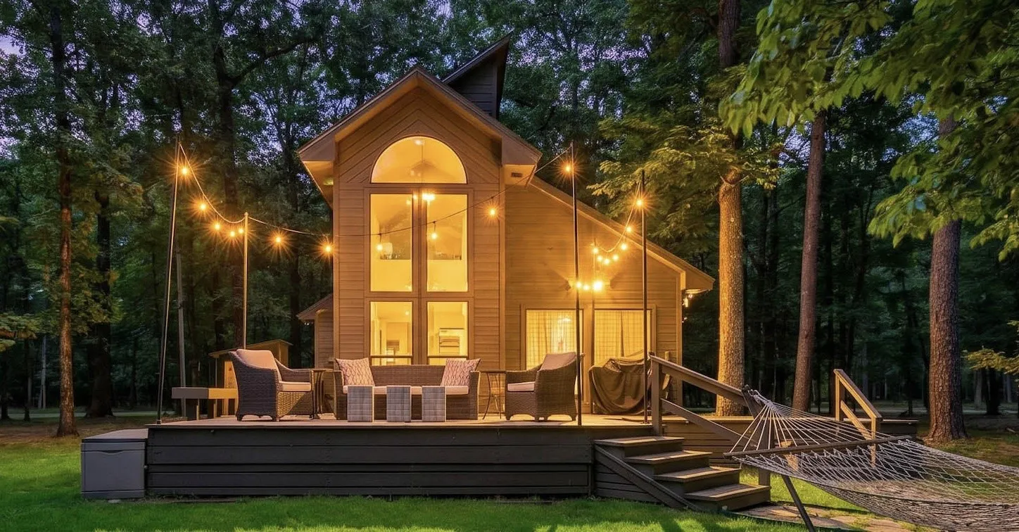 Modern cabin exterior featuring prominent floor-to-ceiling windows with an arched transom, a spacious outdoor deck, and surrounding mature trees
