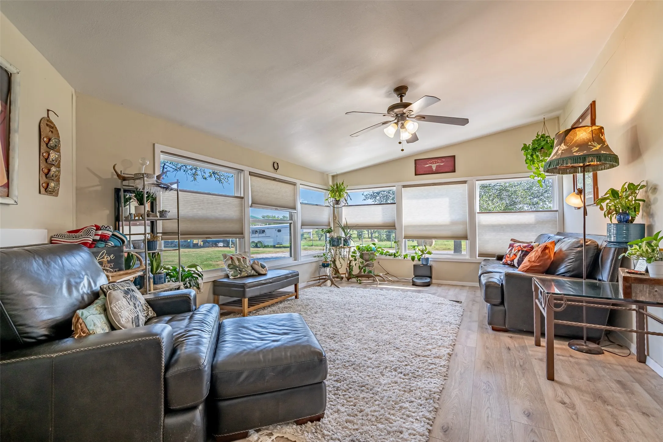 Living room with light wood-style floors, lofted ceiling, healthy amount of natural light, and a ceiling fan.