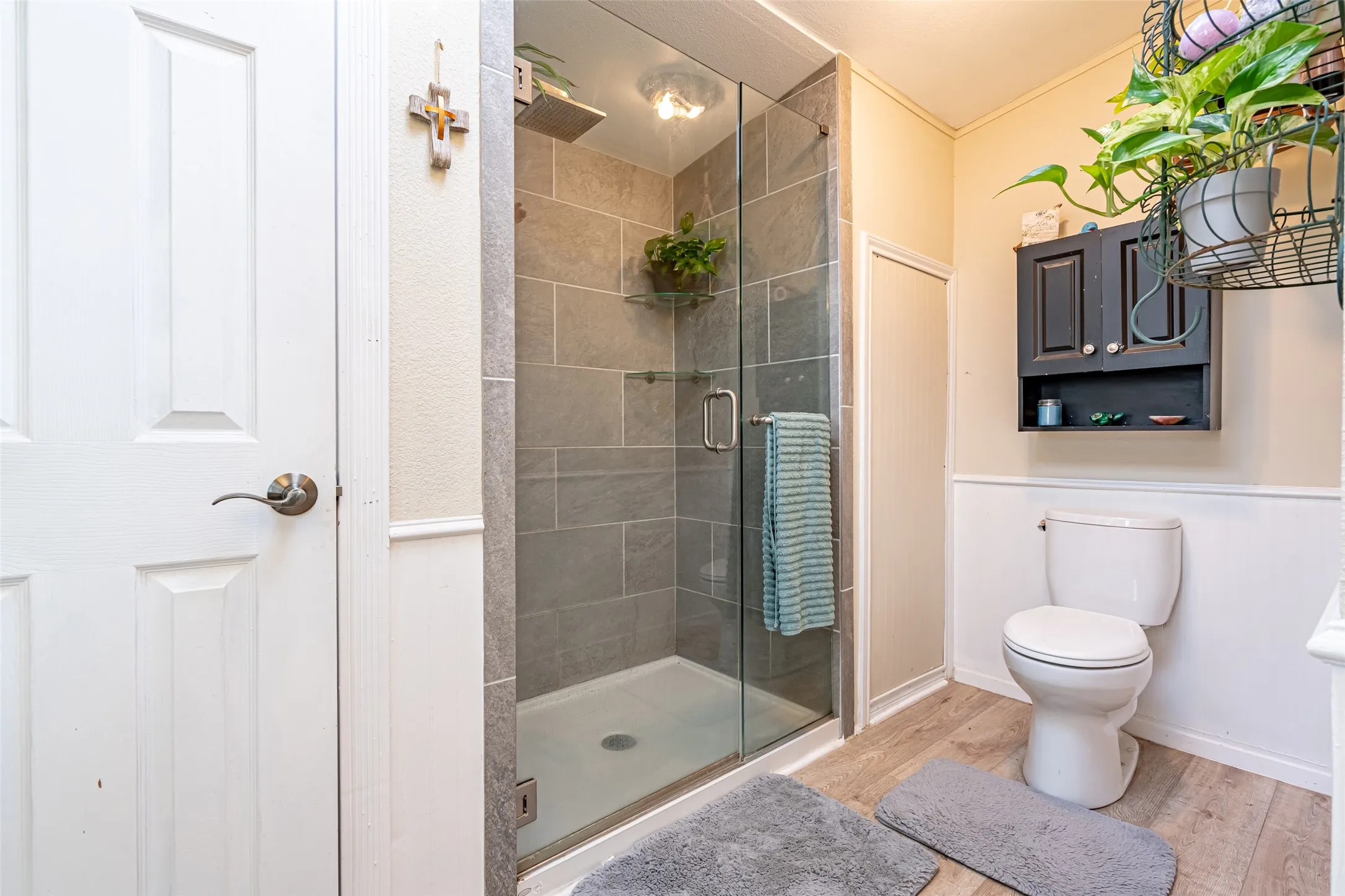 Bathroom featuring large linen closet, a walk-in shower, and a wainscoted wall.