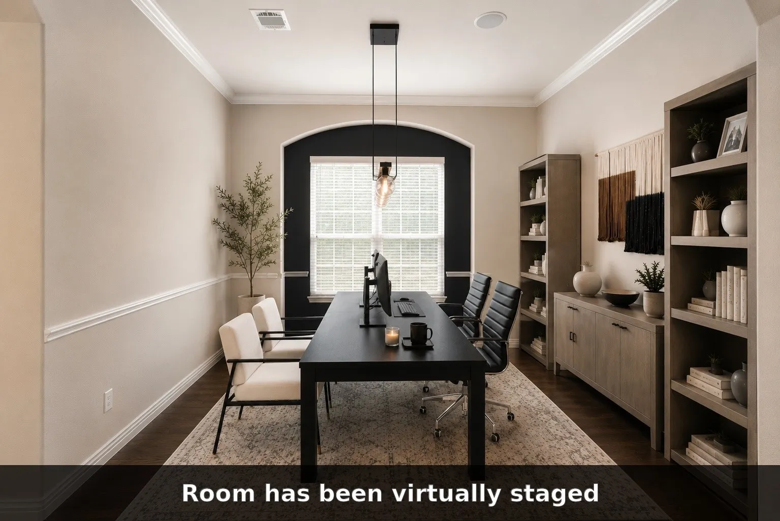 Dining room virtually staged as an office to demonstrate its flexible use.