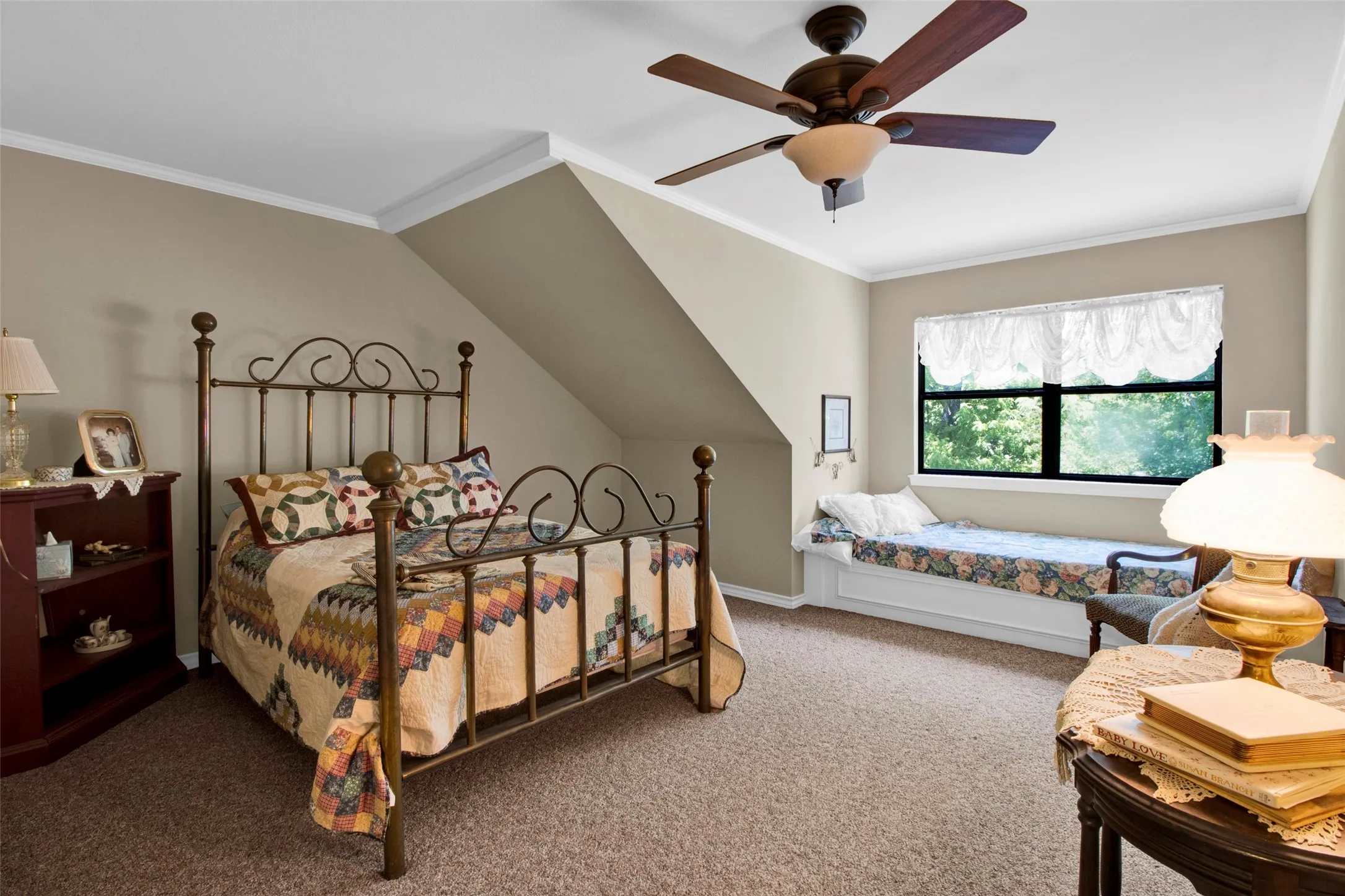 2nd floor - 4th bedroom with Carpeted room featuring a ceiling fan, crown molding, and a built-in window seat - this bedroom is everything!