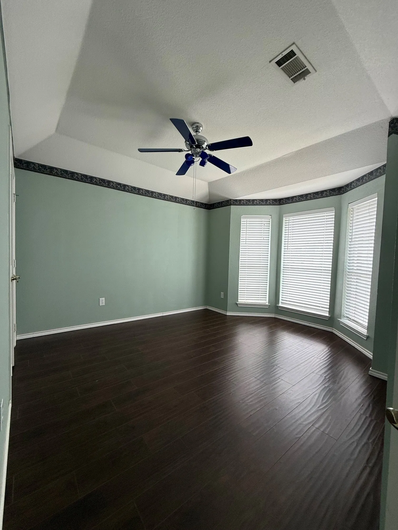 Spacious bedroom featuring dark wood-finish flooring, a bay window with multiple blinds, and a tray ceiling with a ceiling fan