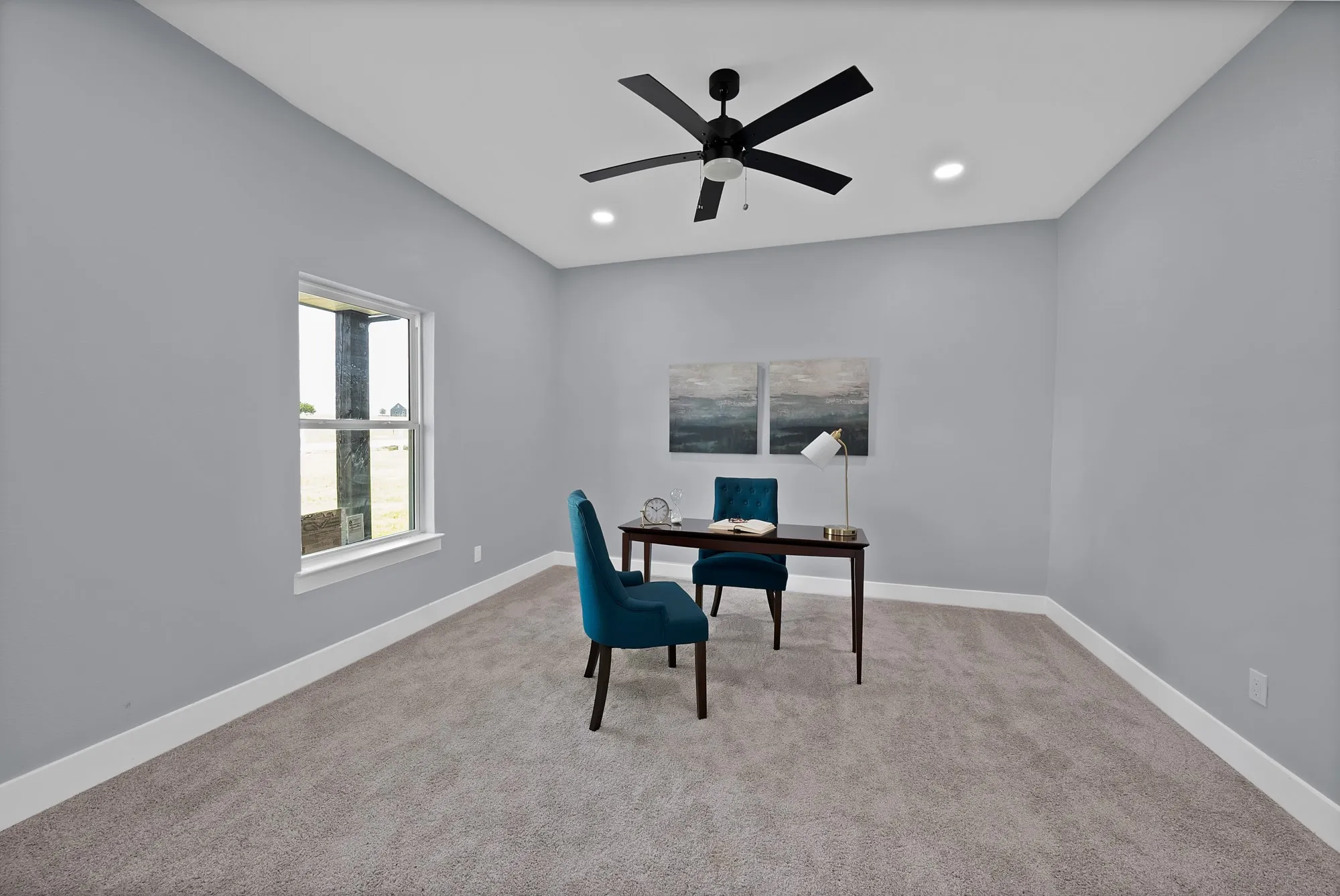 Carpeted room with light grey walls, white baseboards, and a single window