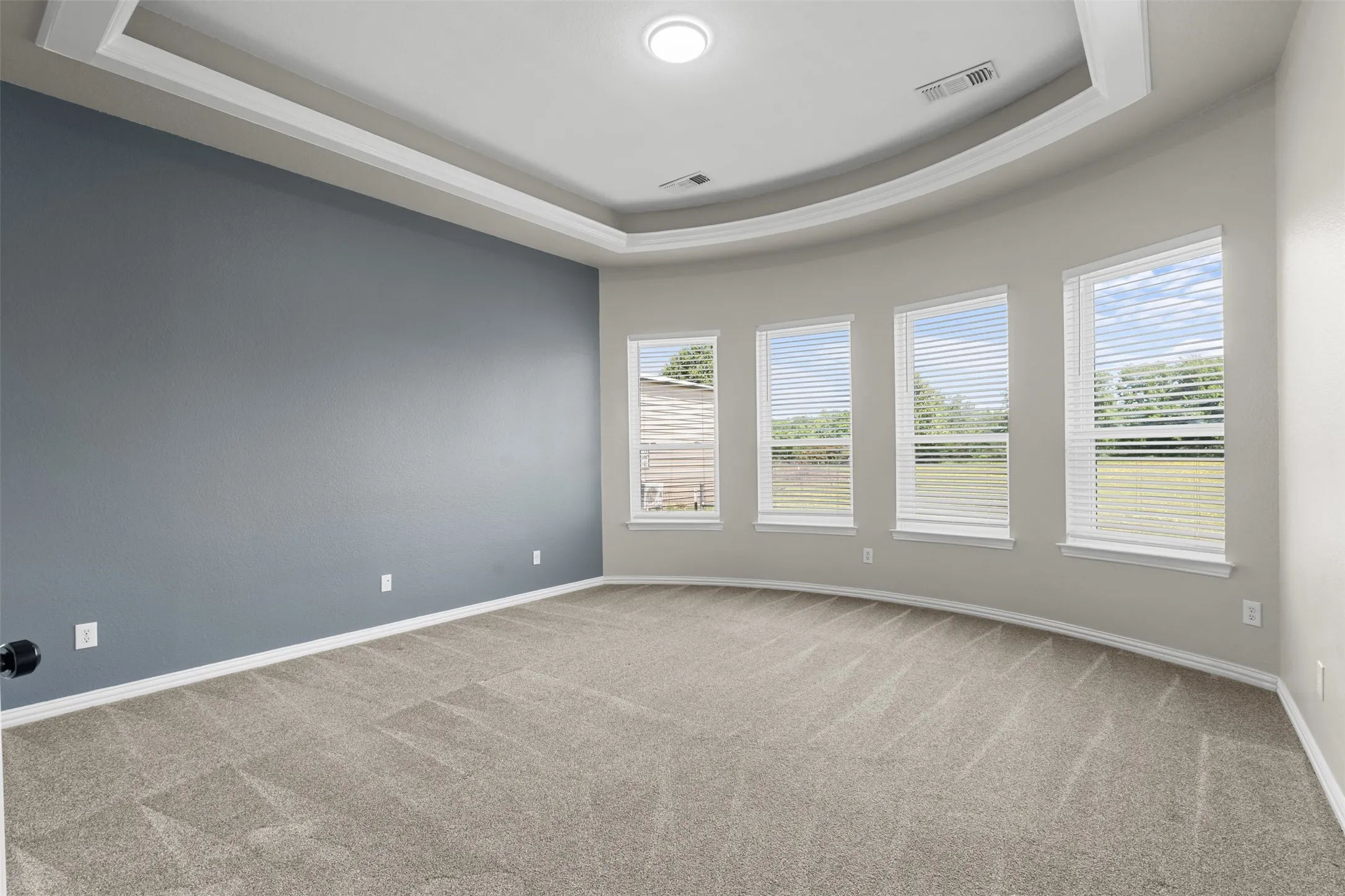 Spacious room featuring curved tray ceilings, a contrasting accent wall, and light-colored carpeting