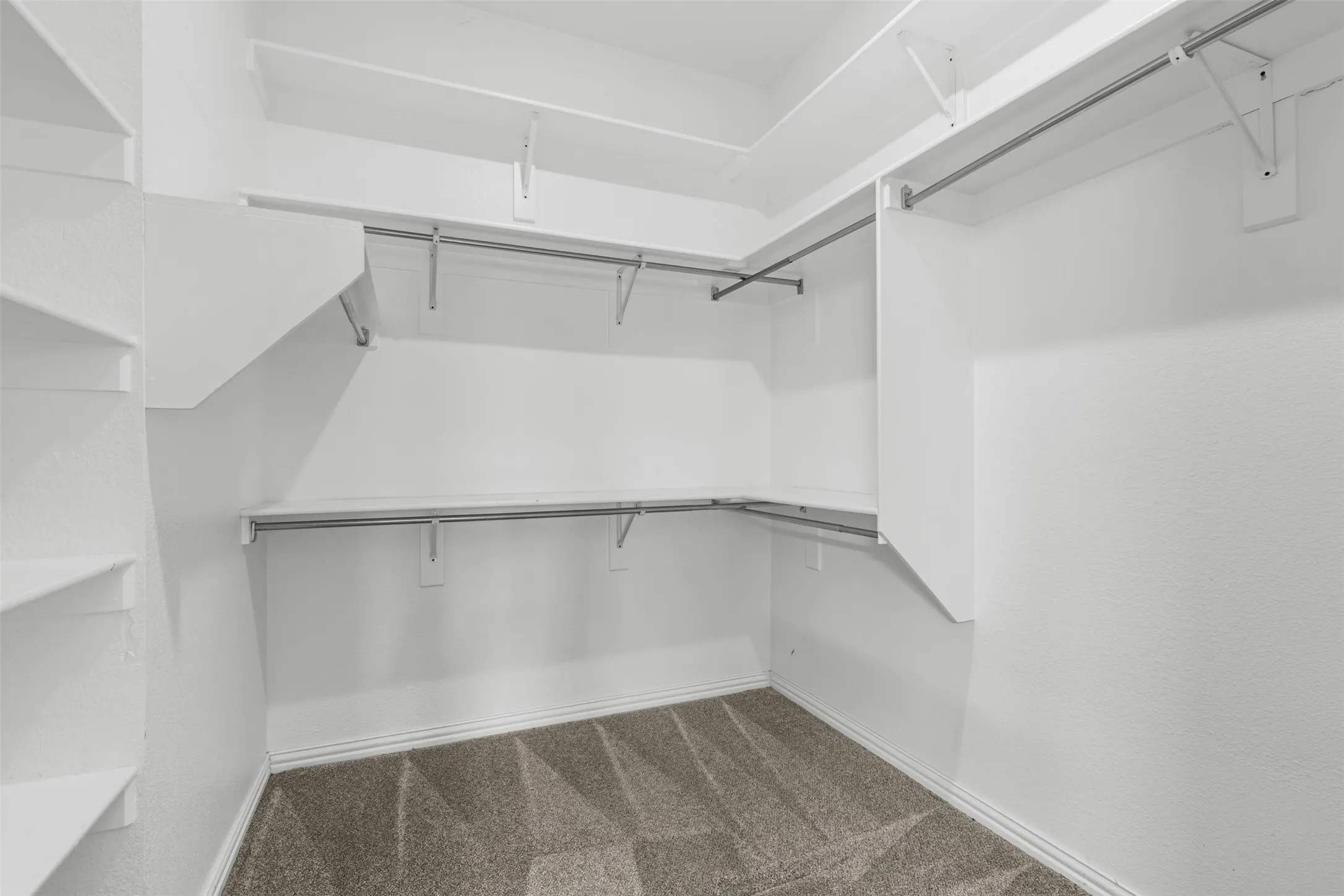 Walk-in closet master featuring built-in shelving, multiple hanging rods, white walls, and patterned carpet flooring