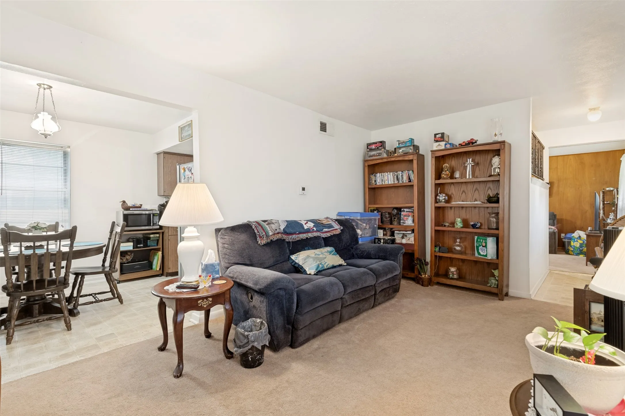 Carpeted living area with white walls and overhead lighting