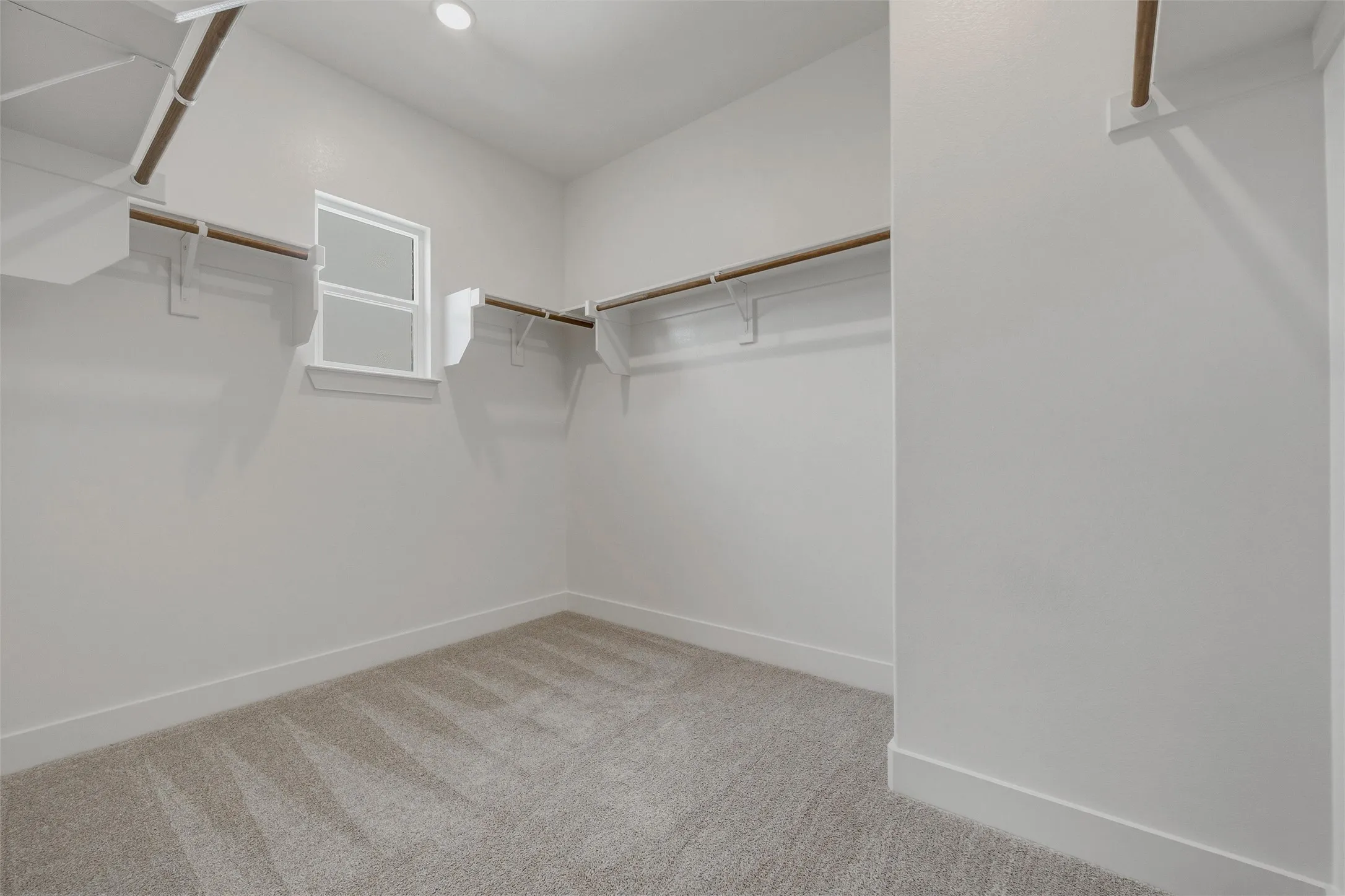 Walk-in closet featuring carpeted flooring, a window, and recessed lighting