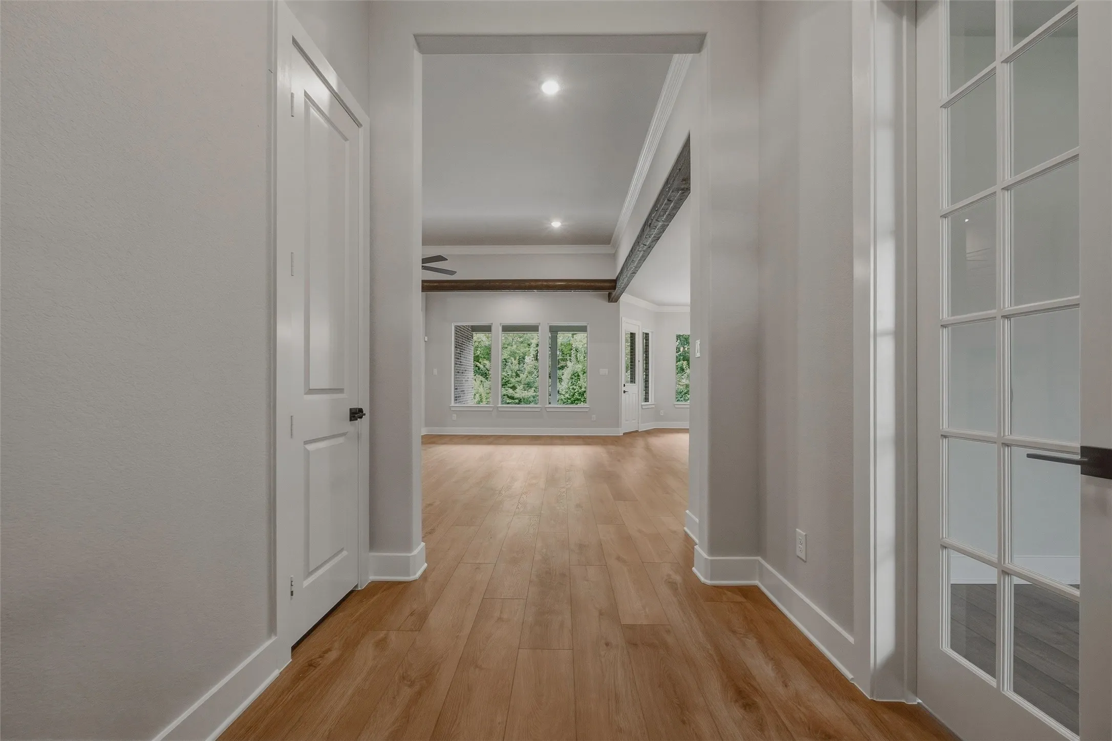 Bright hallway featuring warm wood-finish flooring, crisp white painted walls, recessed ceiling lighting, and glass-paneled doors with white trim