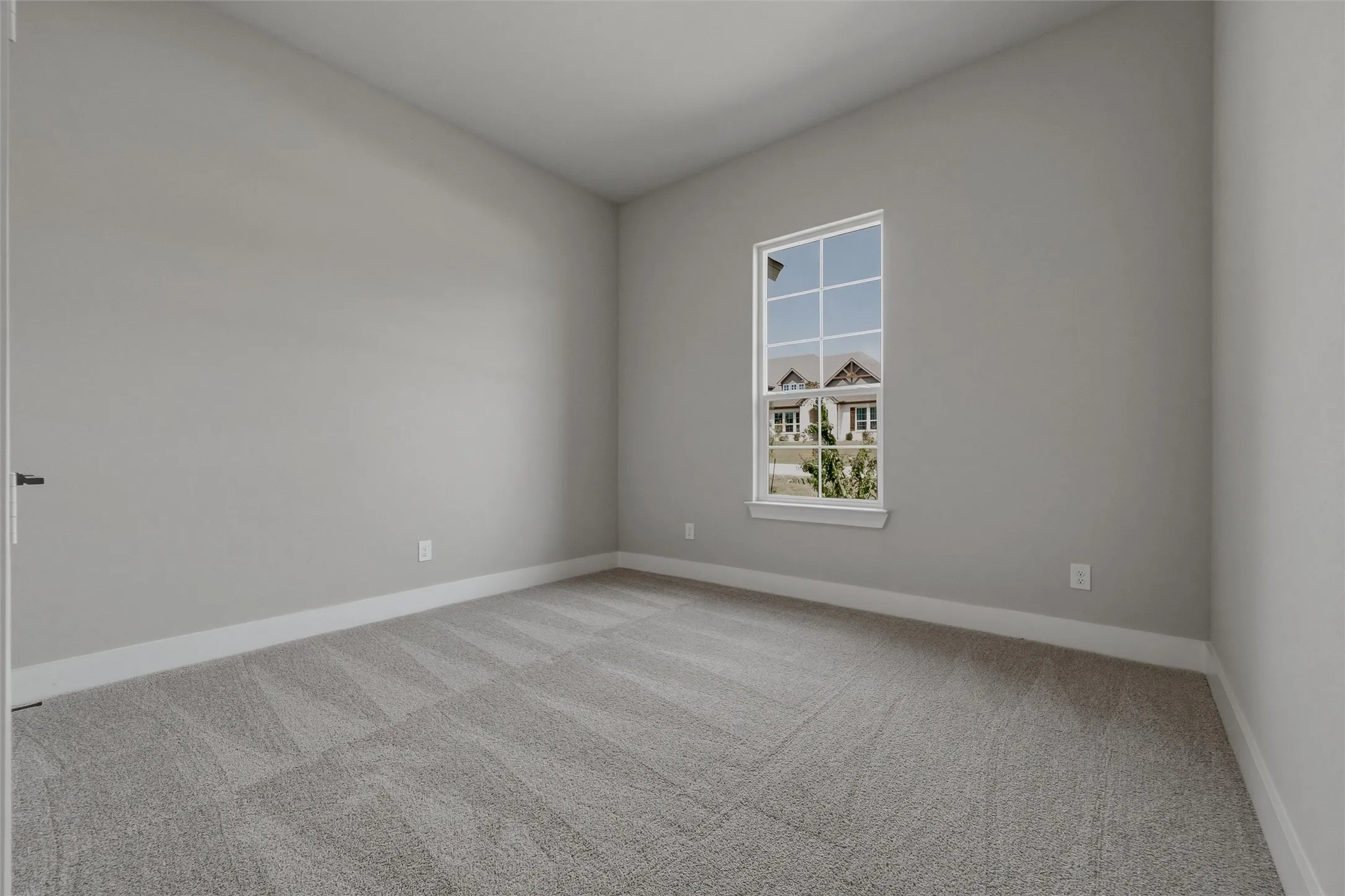Neutral gray wall paint, patterned gray carpeting, white window trim, white baseboards, and a black door handle