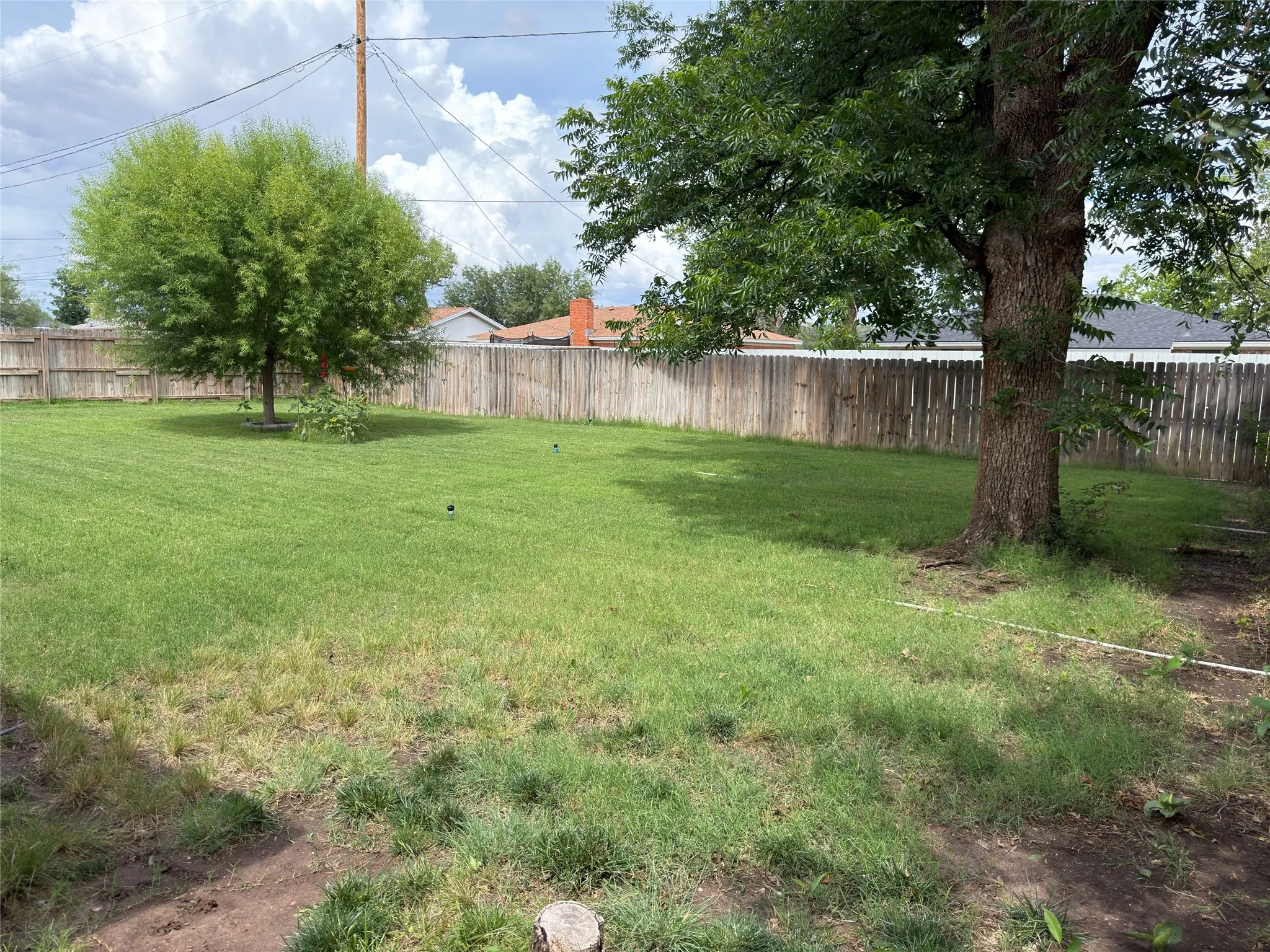Expansive backyard featuring a wood privacy fence, mature trees, and a spacious lawn