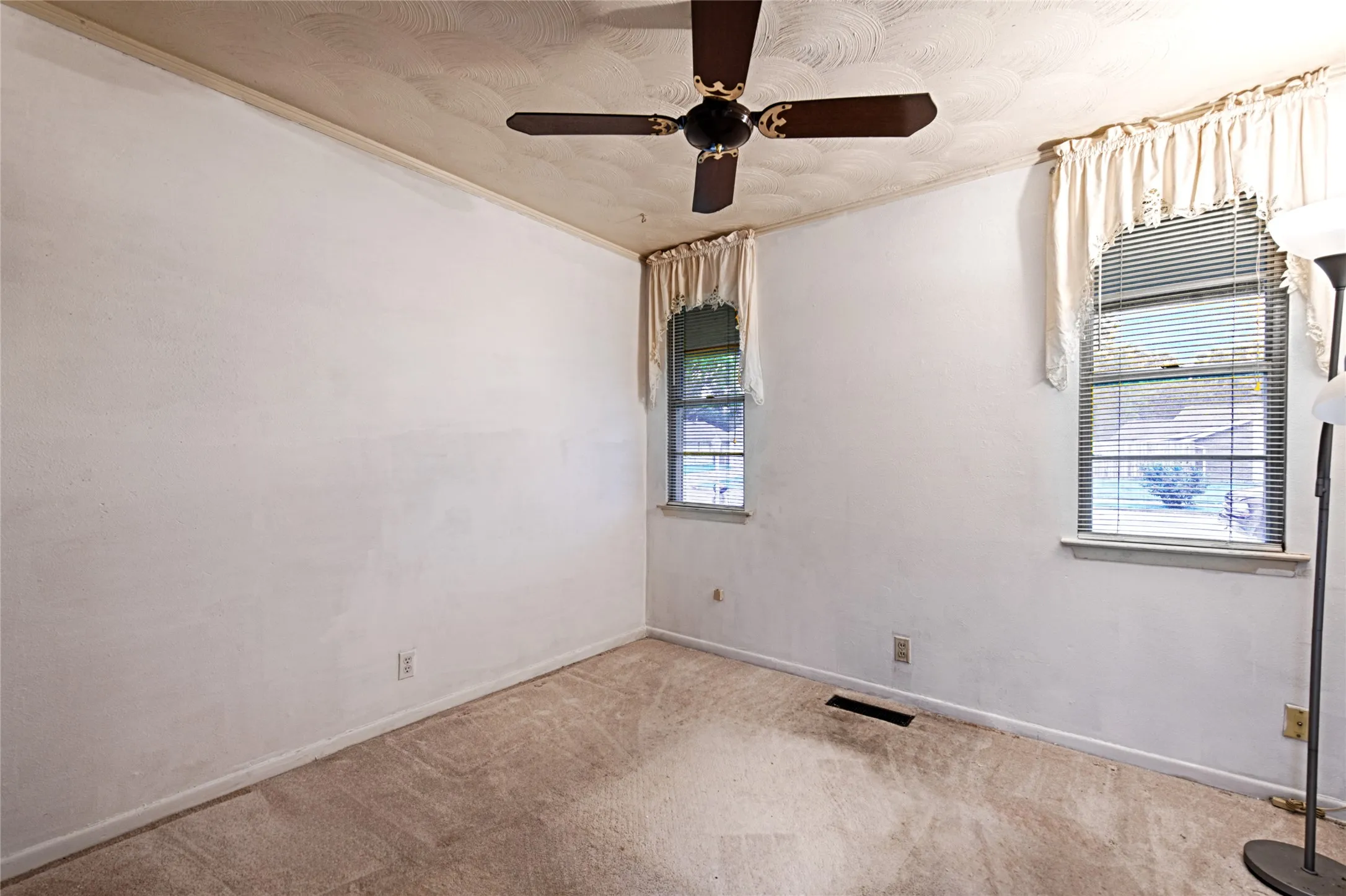 Carpeted interior space with a ceiling fan, two windows, and textured white walls