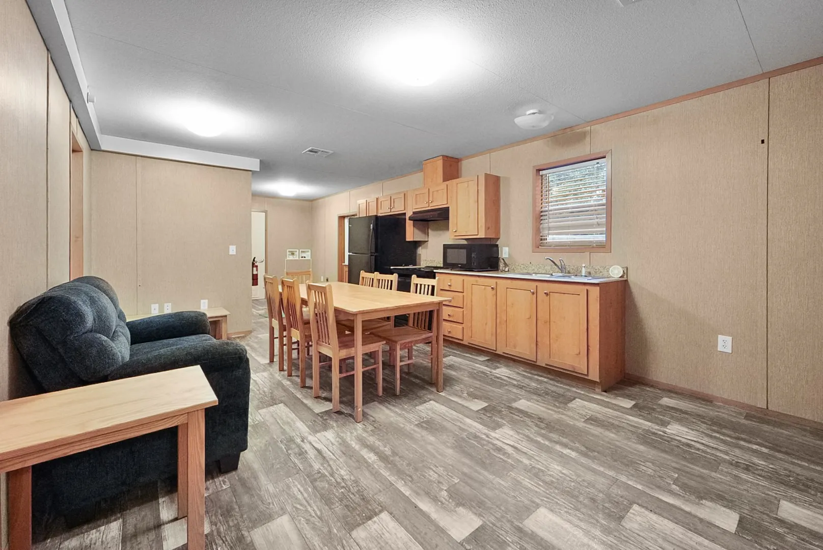 Open-concept living space with wood-finish flooring