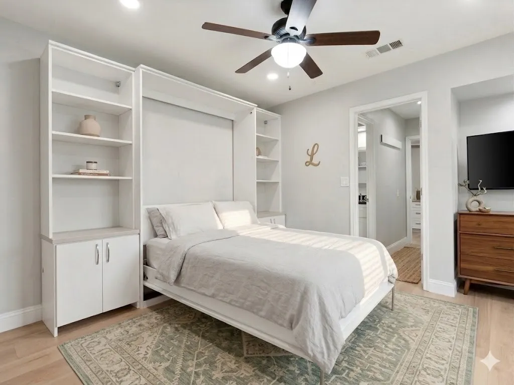 Bedroom for guest as night.  Virtually staged.