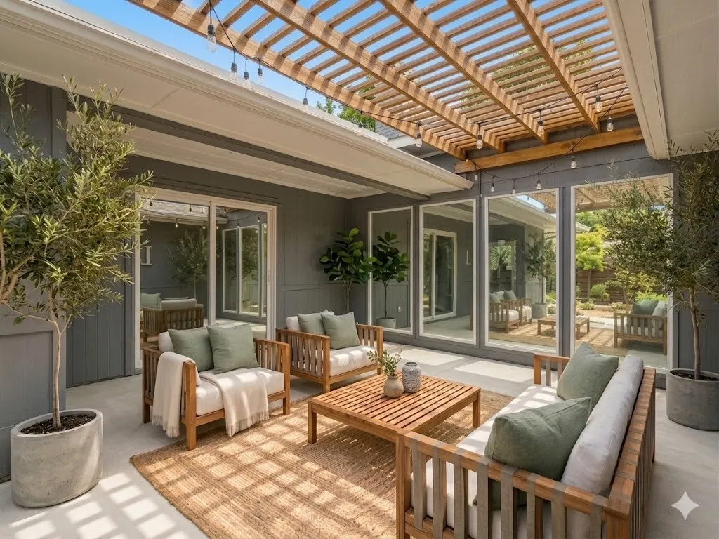 Covered patio to enjoy morning coffee or evening sips. Virtually staged.
