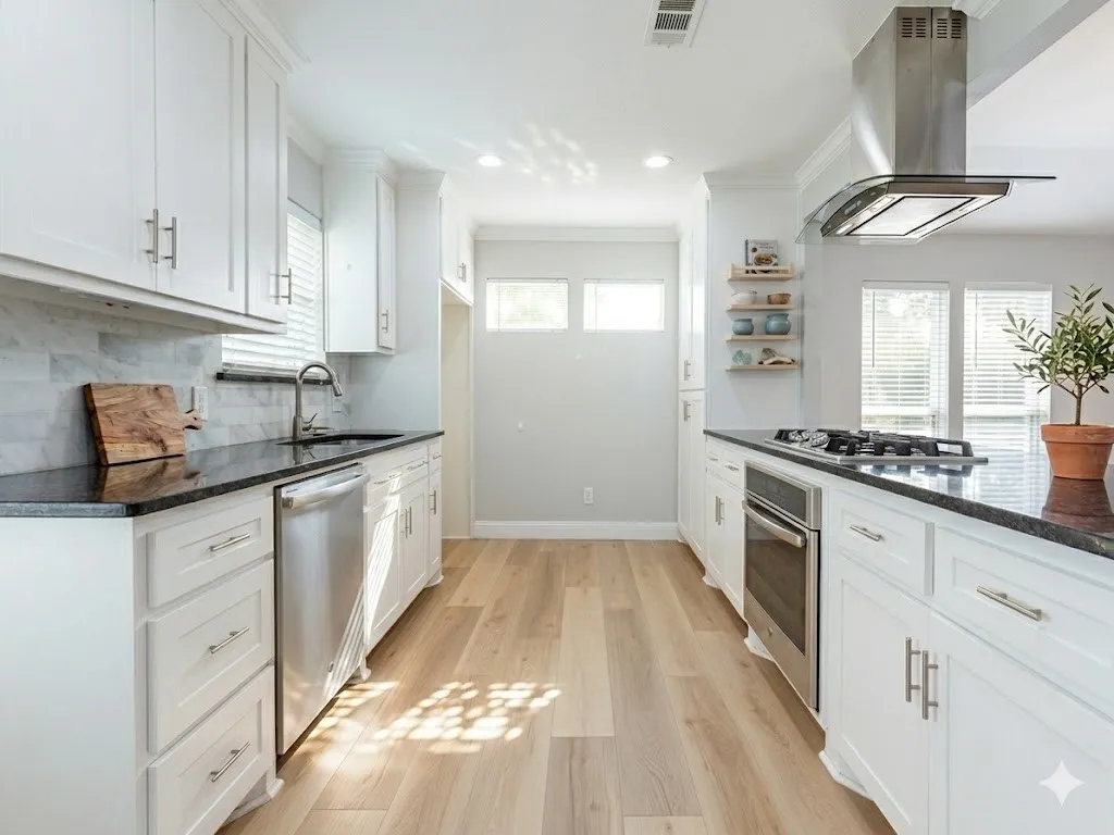 Chef kitchen with gas stove and stainless steel appliances. Virtually Staged