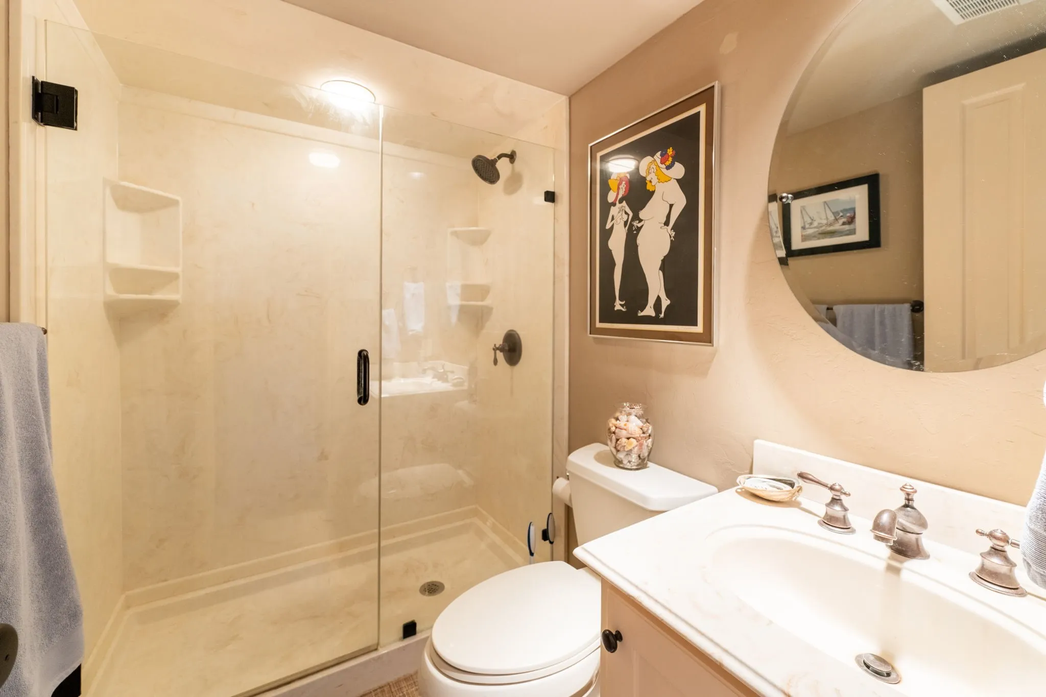 Glass-enclosed shower with integrated shelving and a dark-finish showerhead