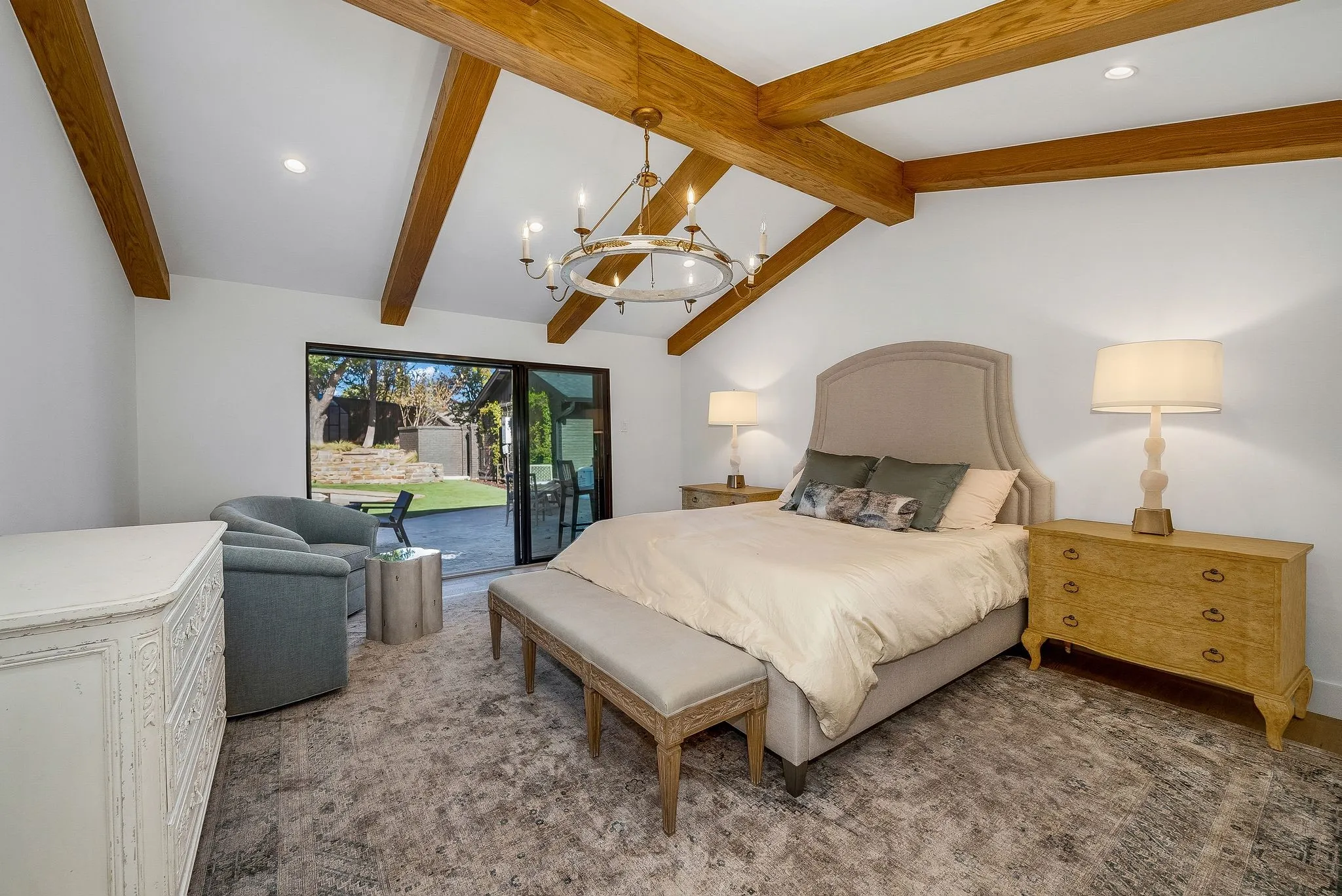 Bedroom featuring a chandelier, access to outside, and recessed lighting