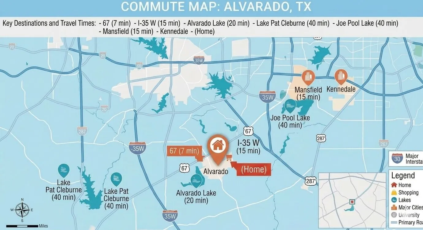 Commute Map, Alvarado, TX. Illustrating various destinations and their corresponding travel times from the property