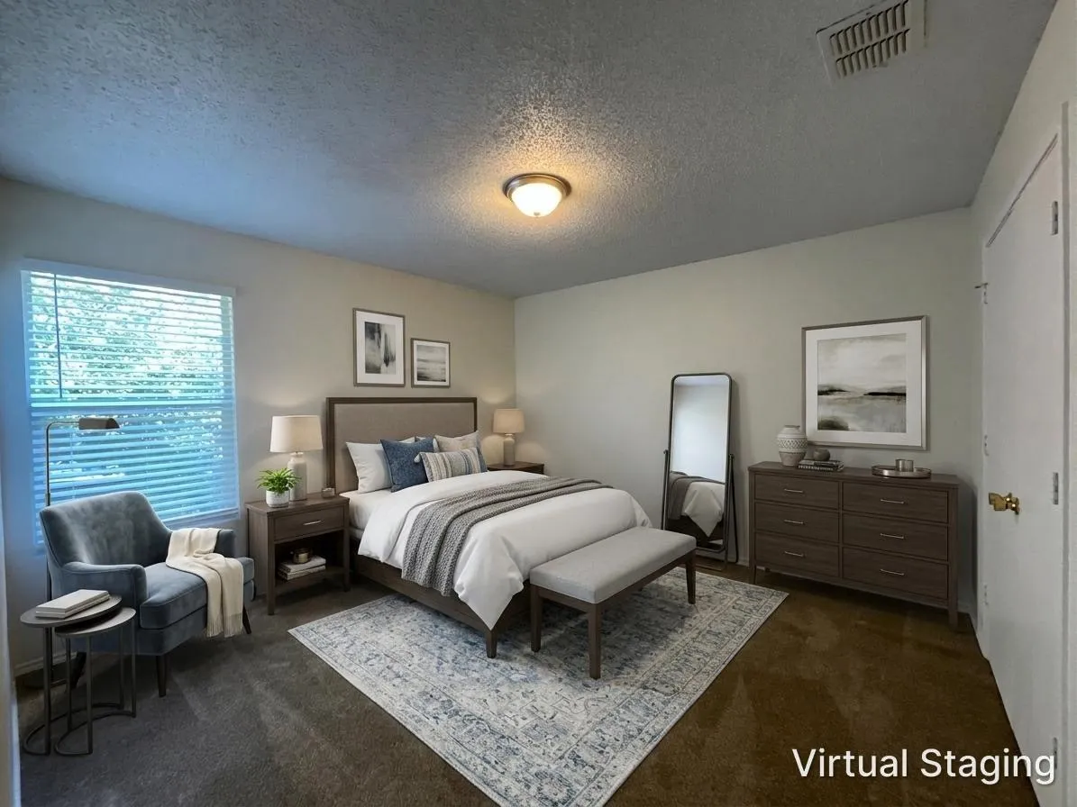 Light-filled room featuring a large window with blinds, neutral wall paint, and a textured ceiling