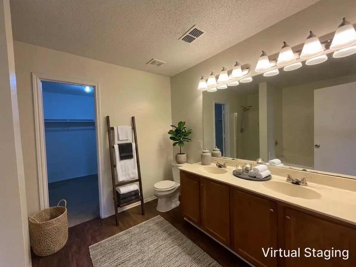Dual vanity with undermount sinks and extensive countertop​​‌​​​​‌​​‌‌​‌‌​​​‌‌​‌​‌​‌​​​‌​​ space