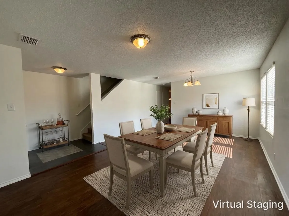 Open dining area featuring dark wood-finish flooring, white baseboards, and a contemporary chandelier