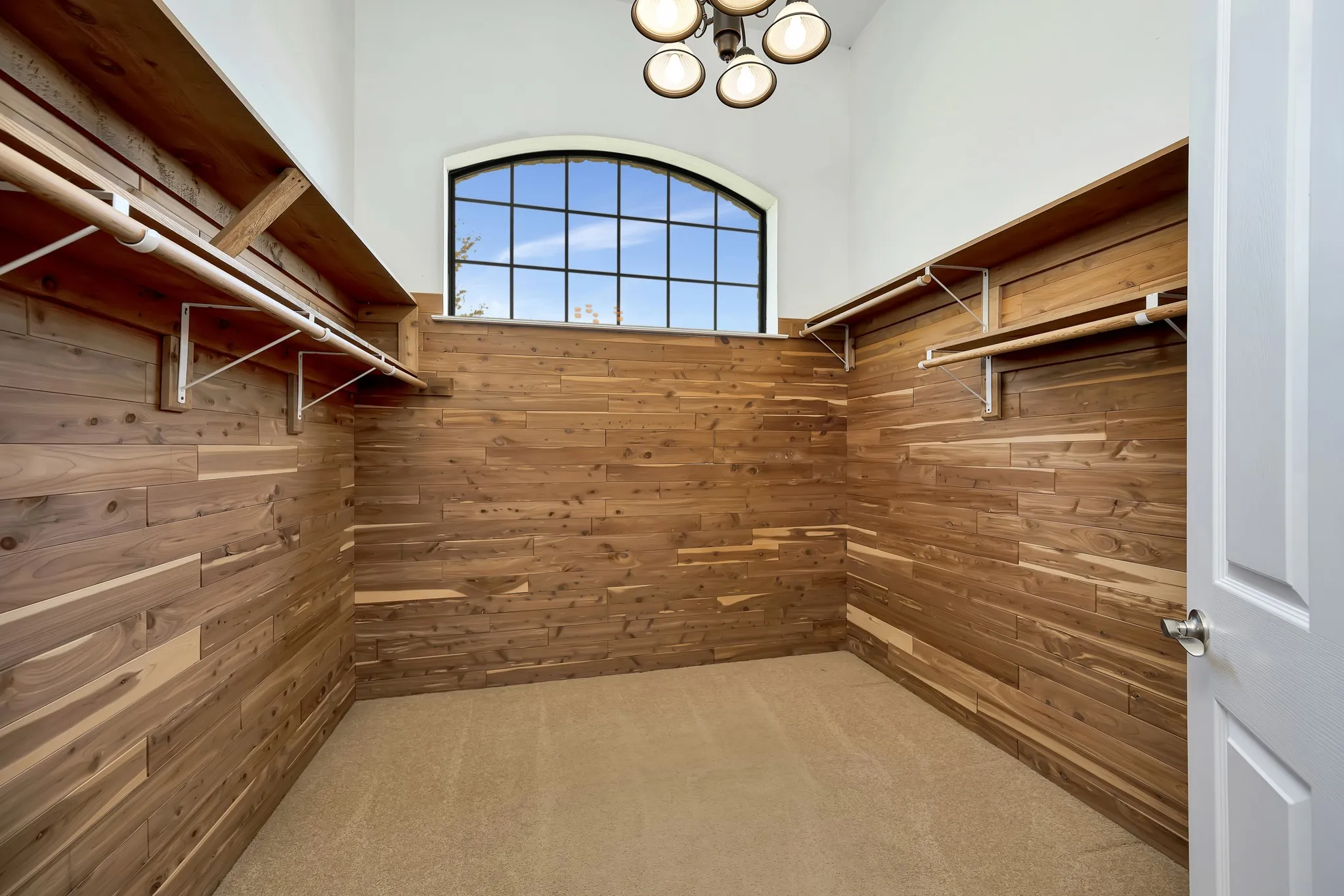 Spacious closet featuring carpet floors and a chandelier