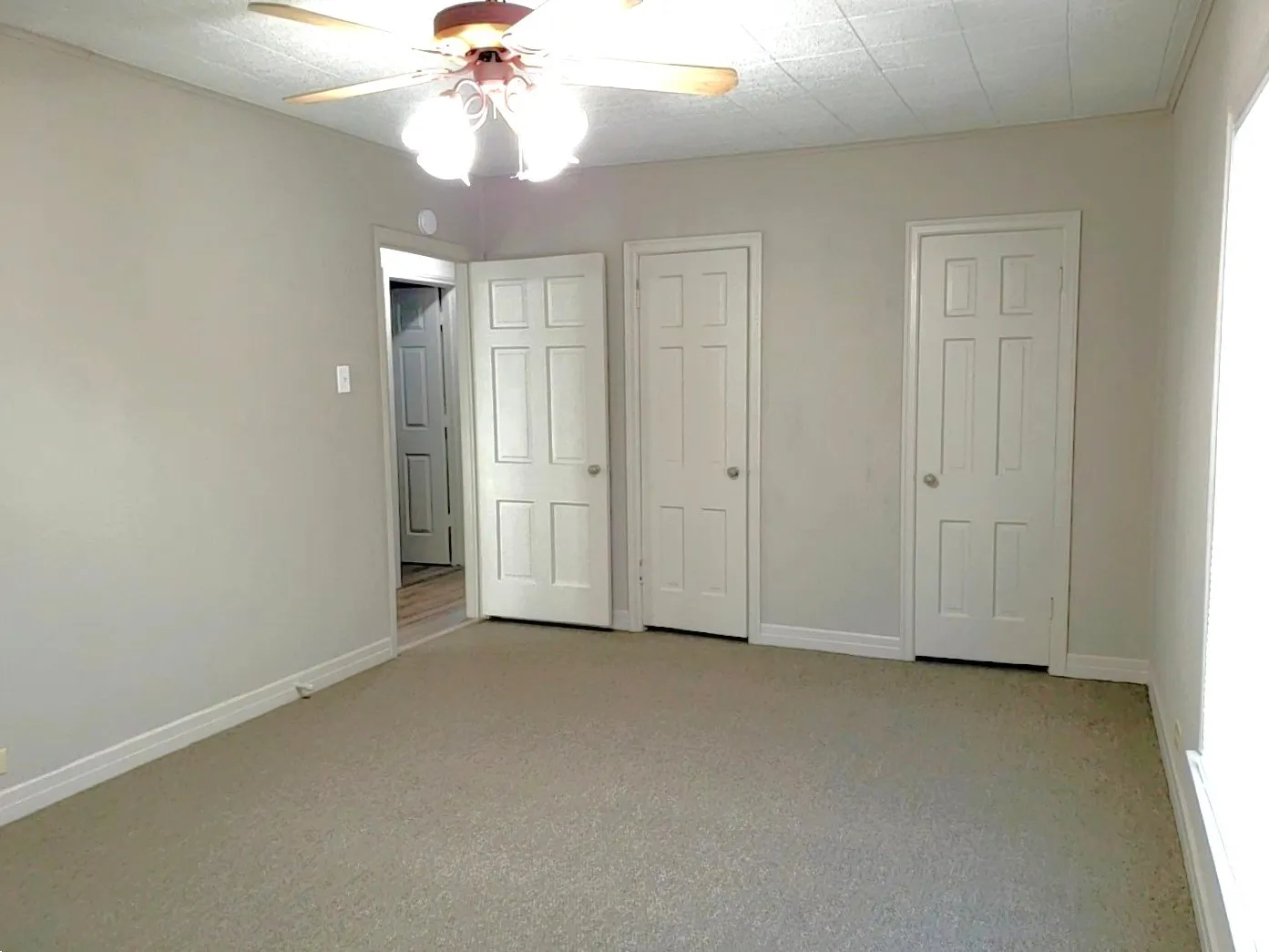 Neutral-toned carpeting paired with light gray walls