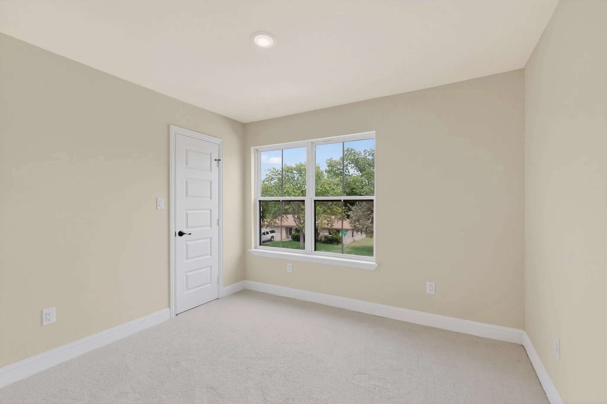 Neutral tone walls with white trim and light carpet flooring