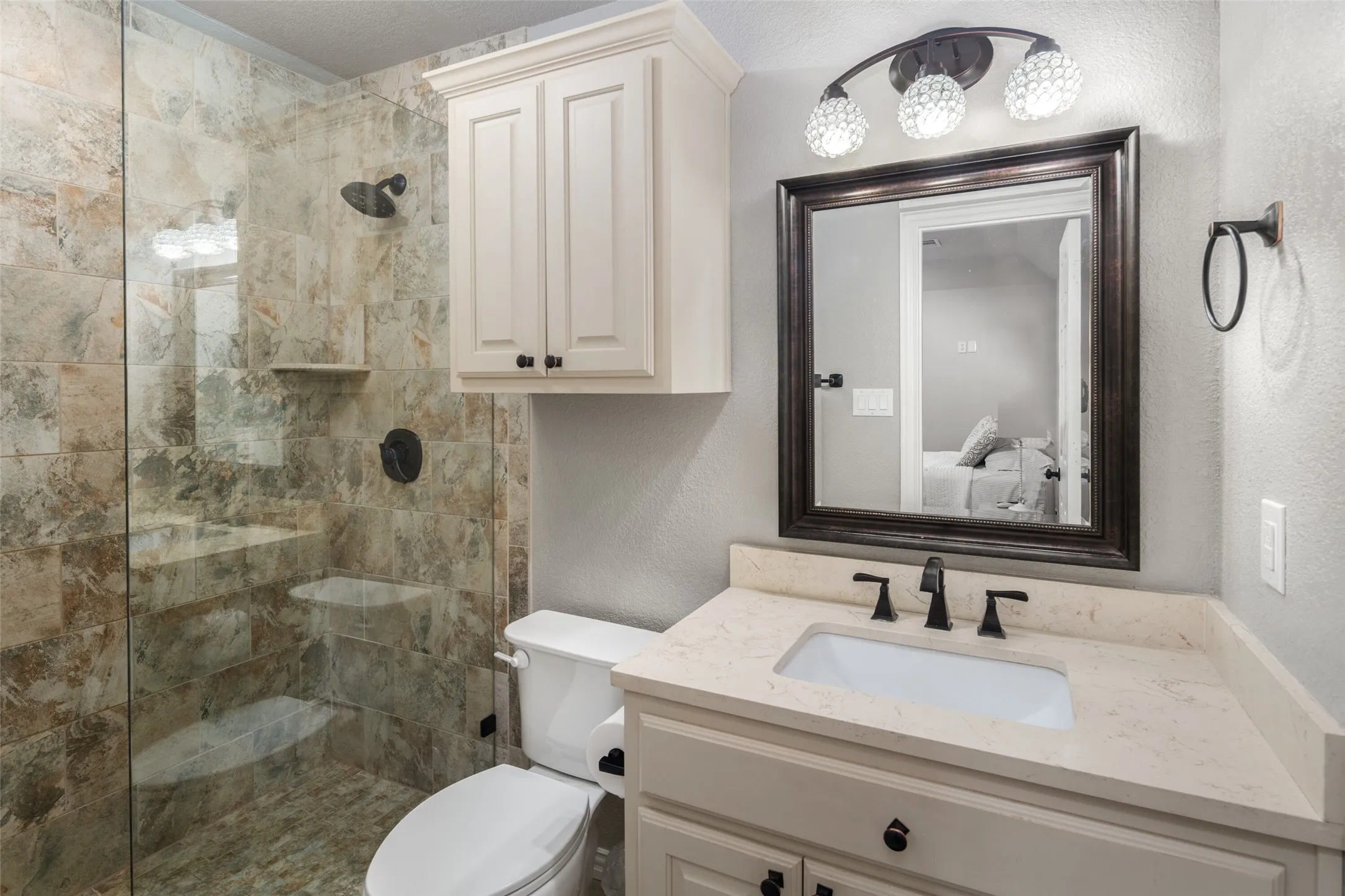 DownStairs Full Bathroom with Seamless Glass Shower, Built in Cabinets Upper and Under Sink