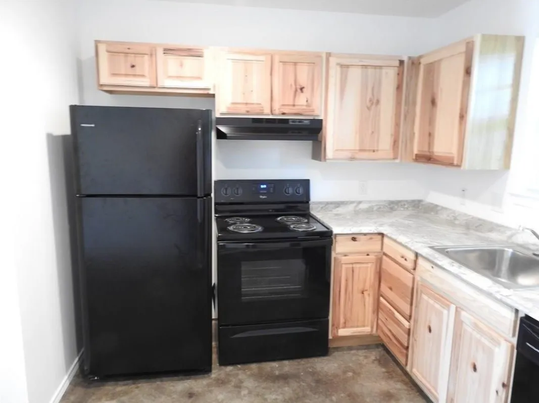 Kitchen featuring black appliances, light wood-finish cabinetry, a stainless steel sink, and light-toned countertops