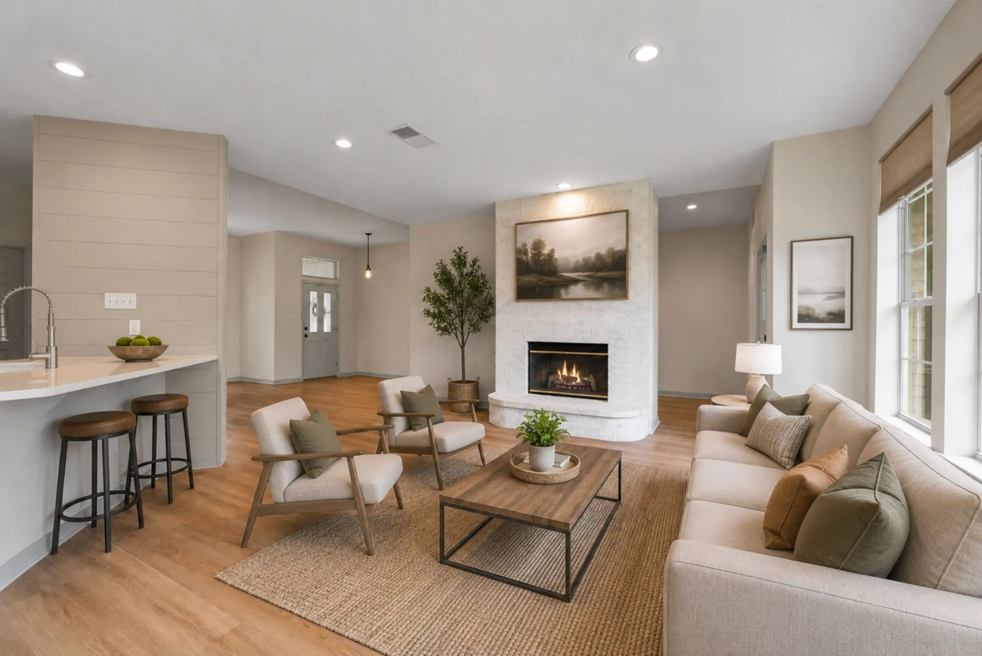 Virtually staged* Living area featuring a white brick fireplace with a hearth, wood-finish flooring, recessed lighting, and large windows with natural light