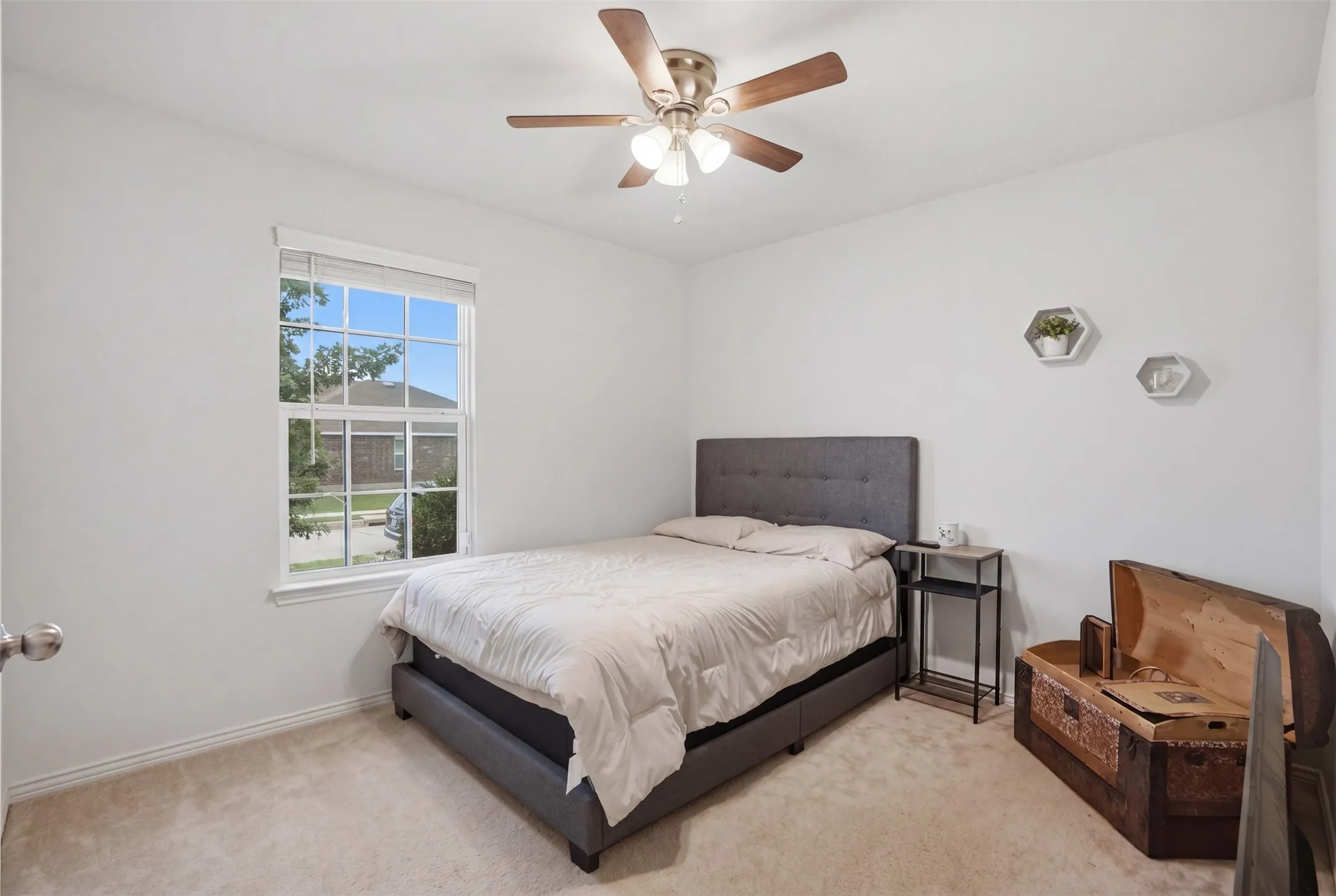 Neutral wall paint and carpeted flooring