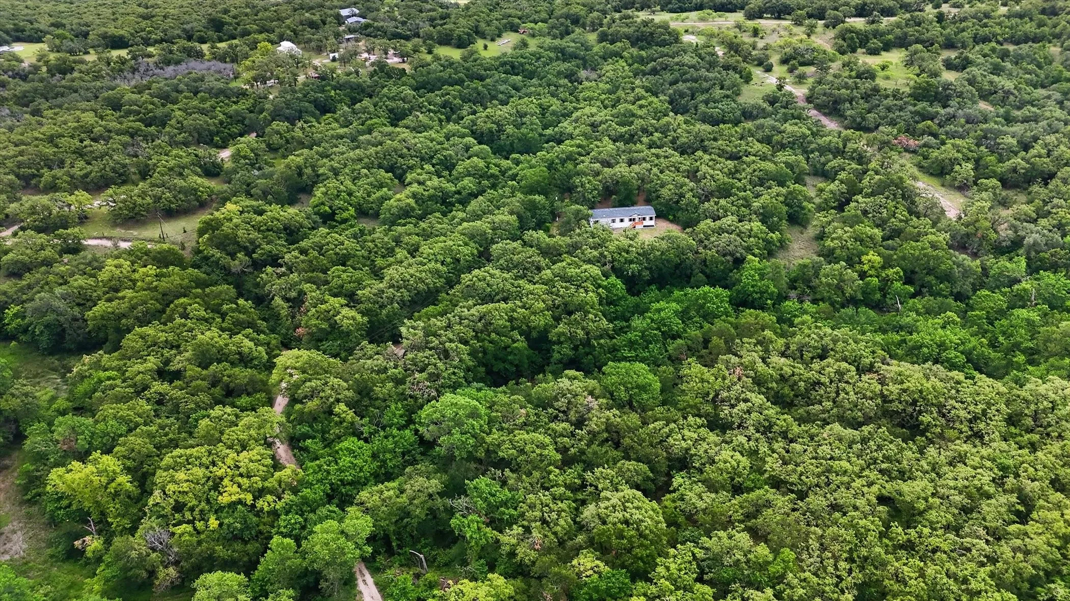 White-sided residence nestled within a dense expanse of mature green trees