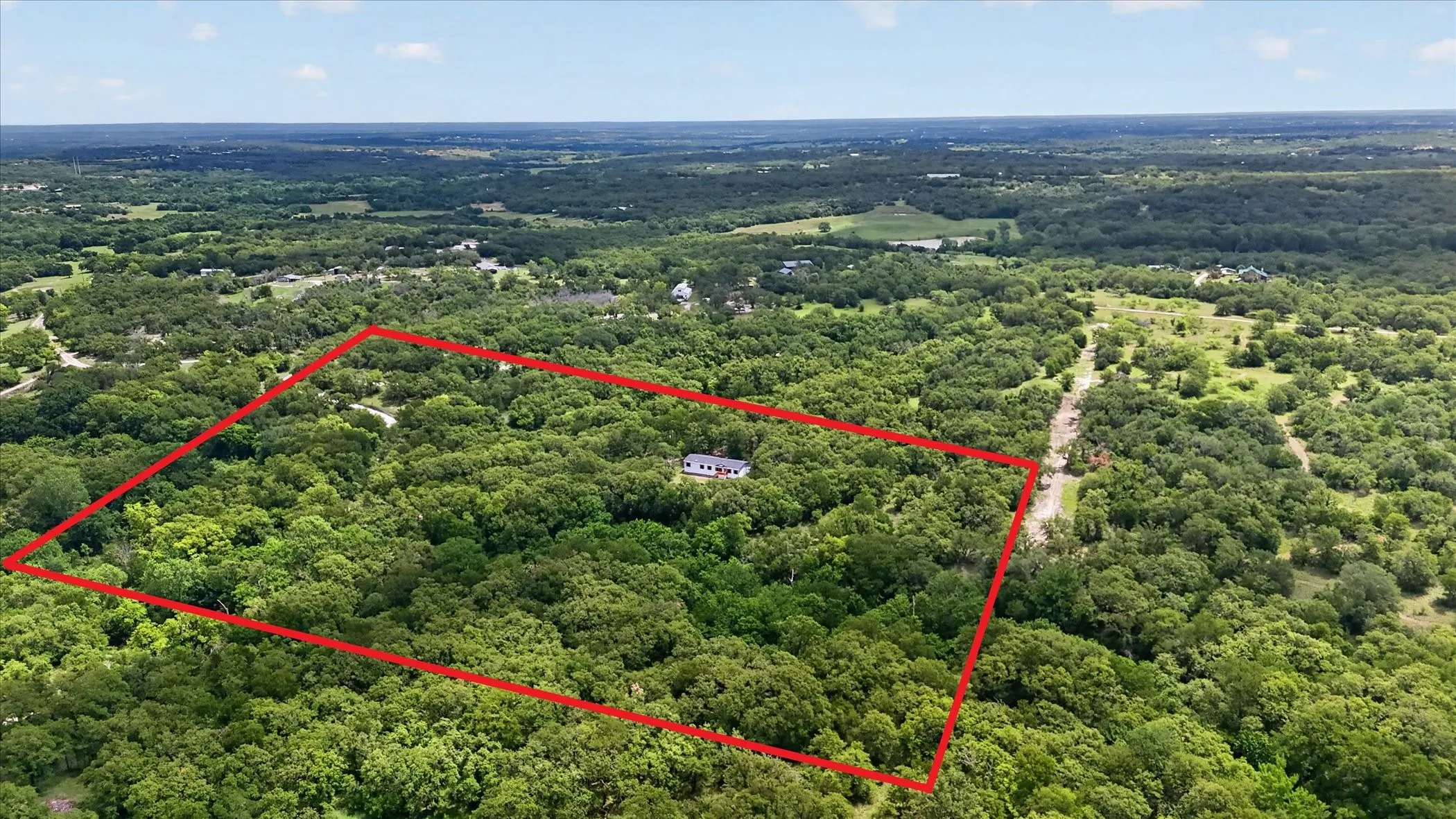 Expansive wooded acreage featuring a single-story residence and diverse tree cover