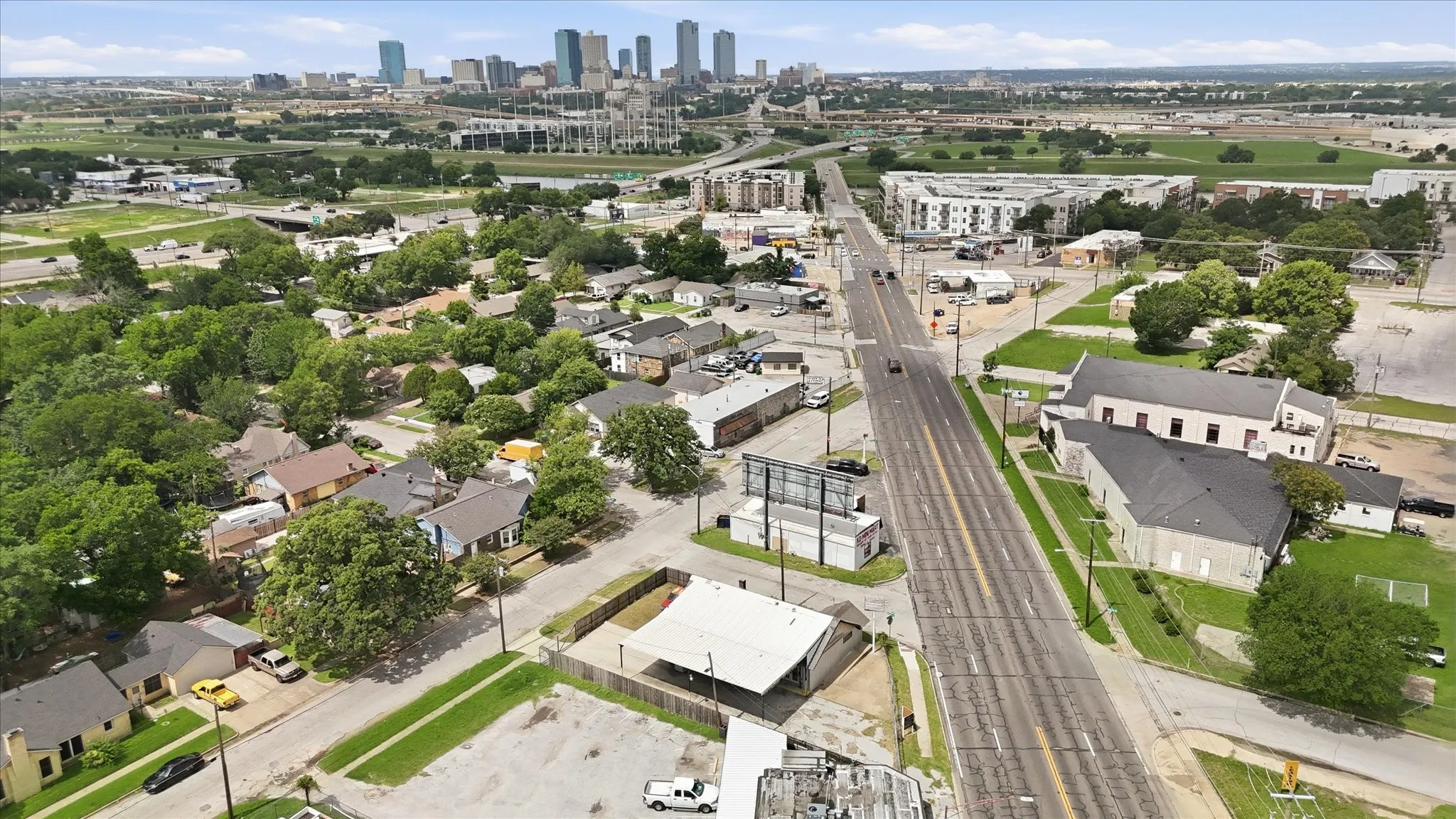 Aerial perspective showcasing the urban landscape with varied architectural styles