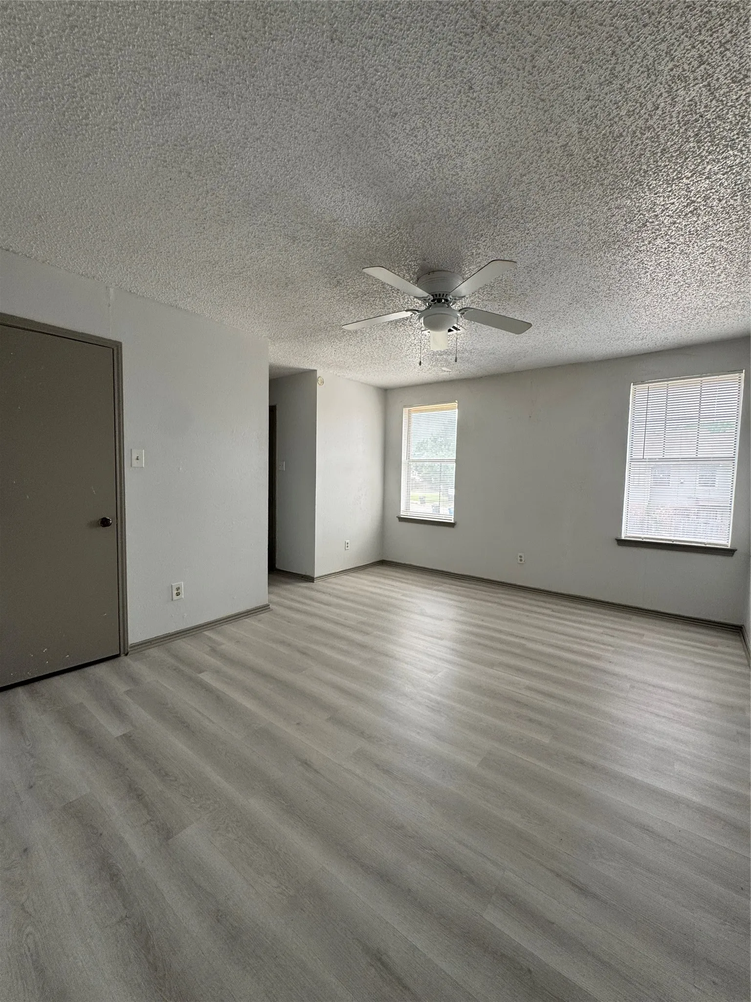 Spacious interior featuring wood-finish flooring, light gray wall tones, multiple windows, and a ceiling fan