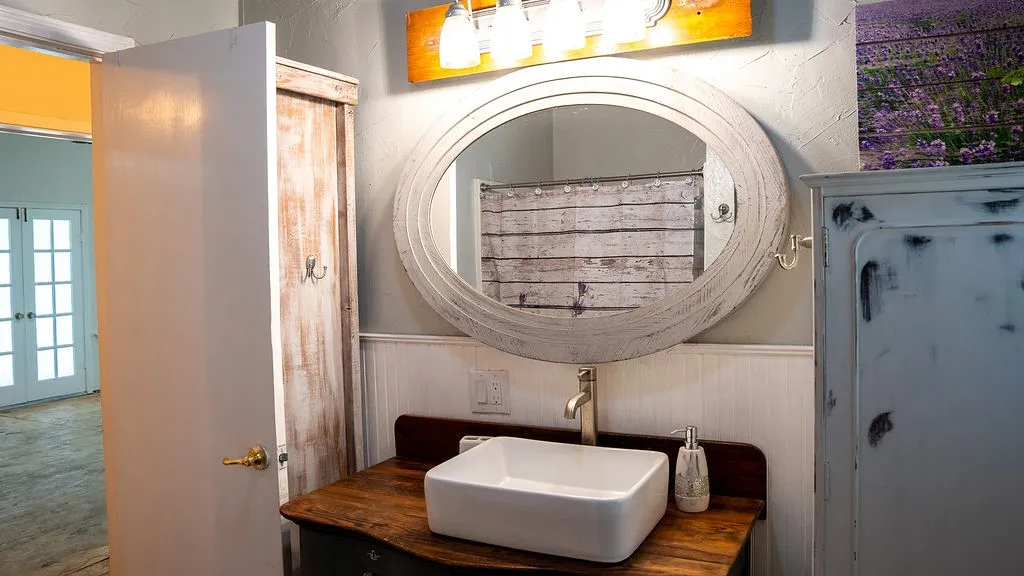 Vanity and cabinets in the guest bathroom