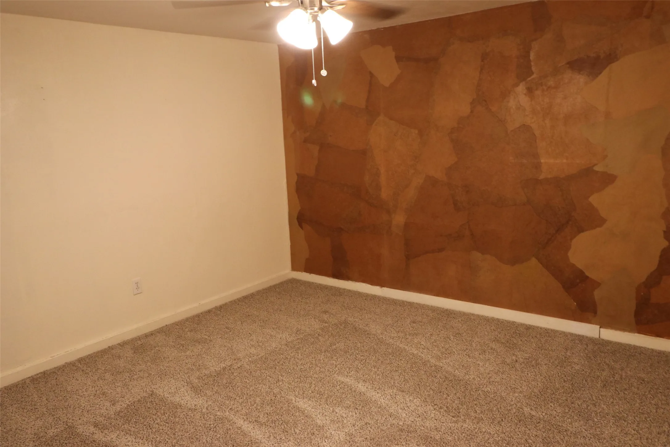 Textured accent wall, neutral carpeting, ceiling fan with integrated lighting