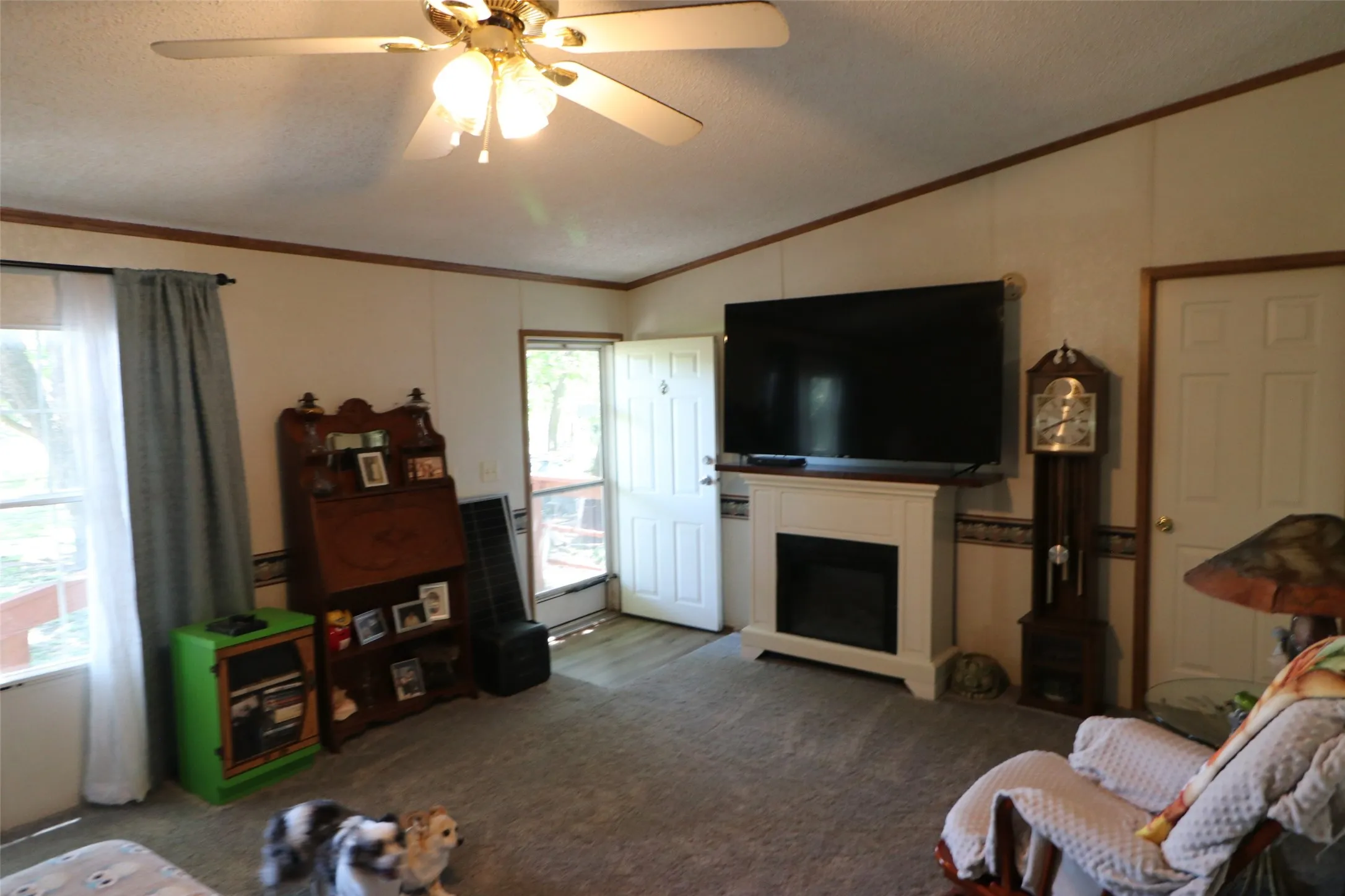 Living room featuring a central fireplace with a white mantel, ceiling fan with integrated lighting, and carpet flooring