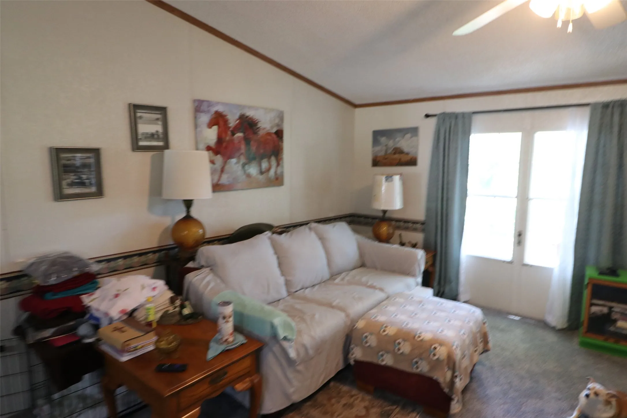 Living area featuring a ceiling fan, light-toned walls with a decorative border, and wood-finish trim