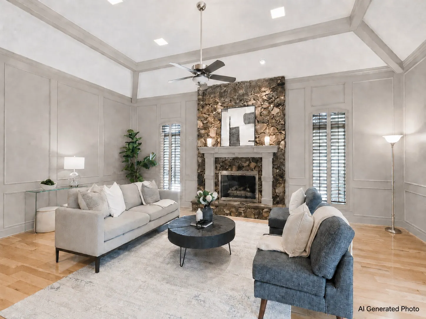 Coffered ceiling with recessed lighting, stone-clad fireplace, wood-finish flooring, and panel molding