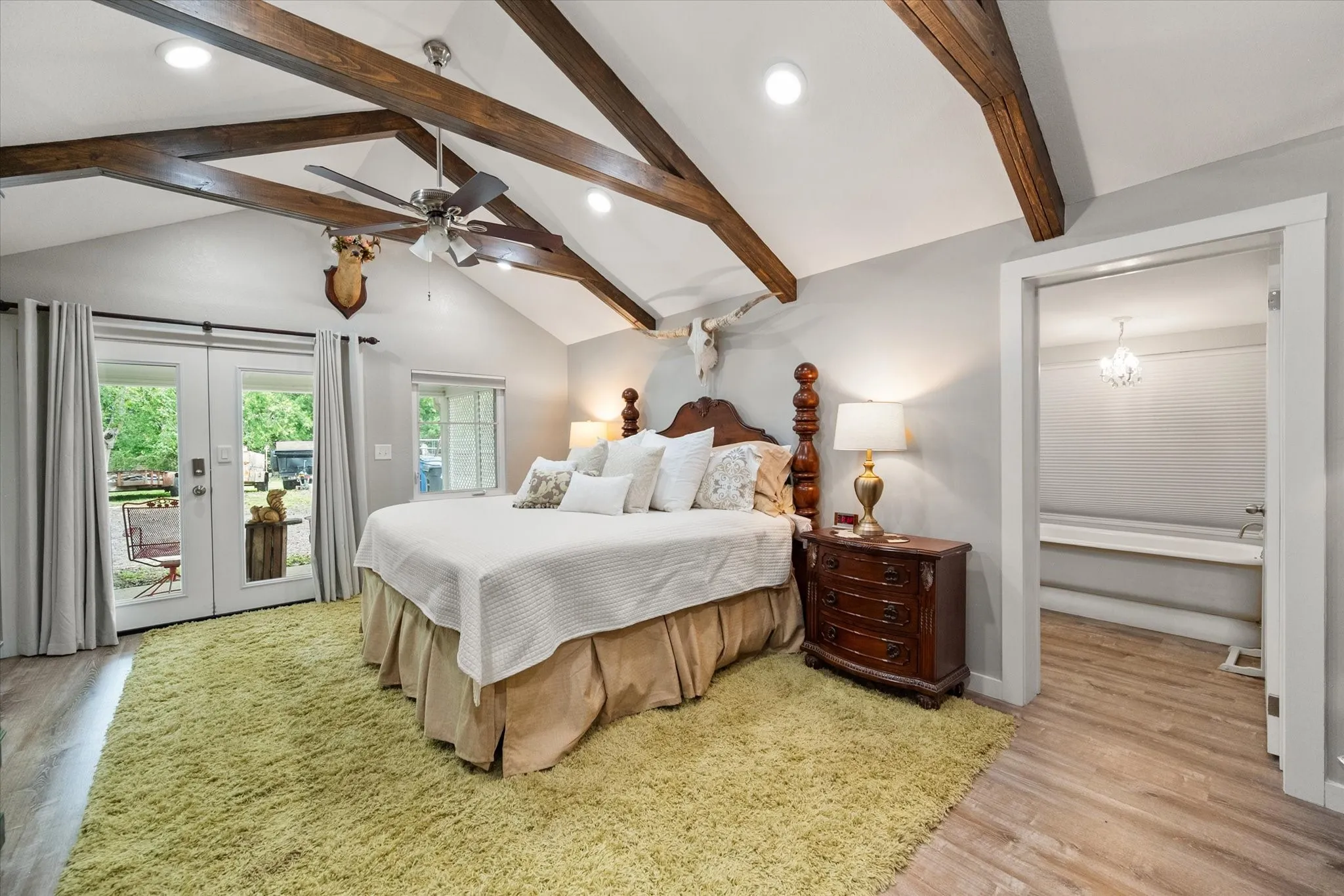 Vaulted ceiling with exposed wood beams