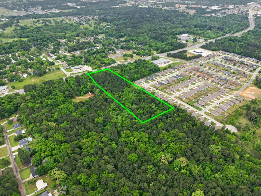 Expansive wooded parcel featuring mature trees, a rectangular shape, and surrounded by developed residential areas